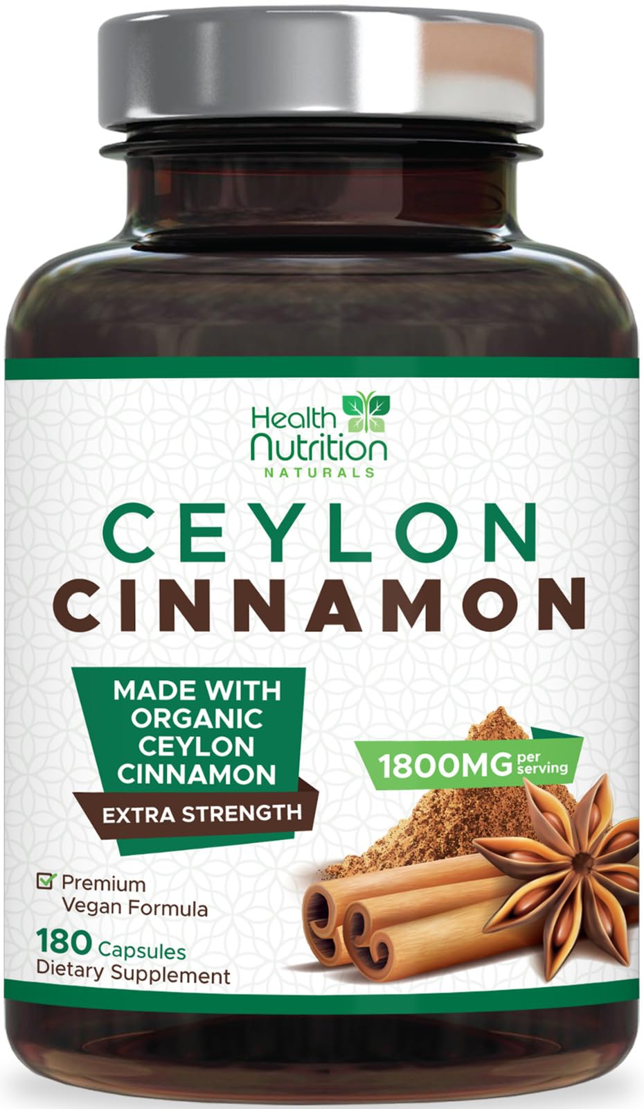 Health Nutrition Naturals Cannelle de Ceylan capsules sur bouteille pour énergie et antioxydants