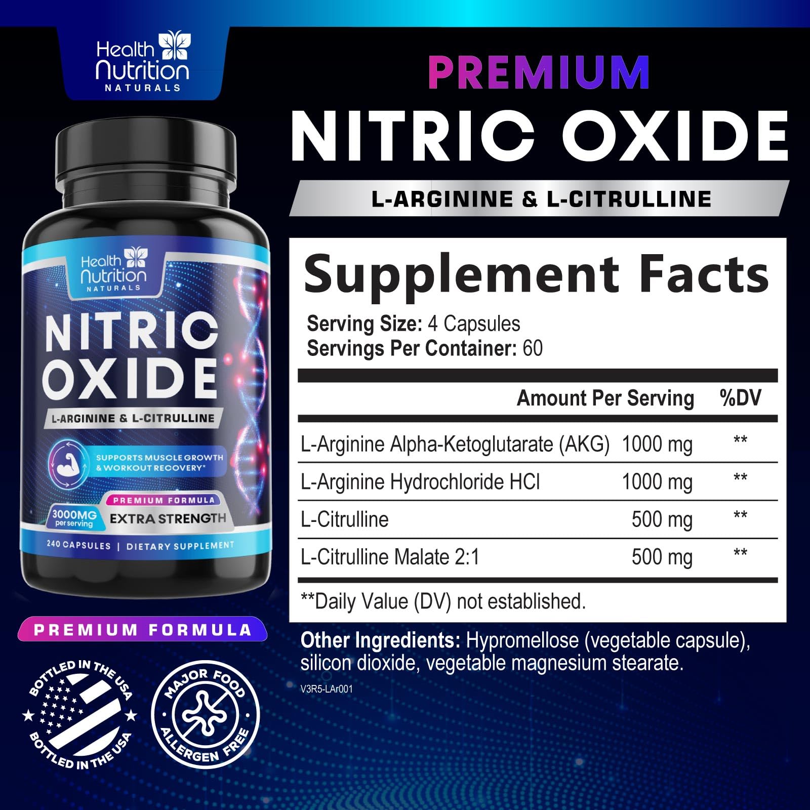 Health Nutrition Naturals comprimés arginine AKG HCI pour performance et récupération.