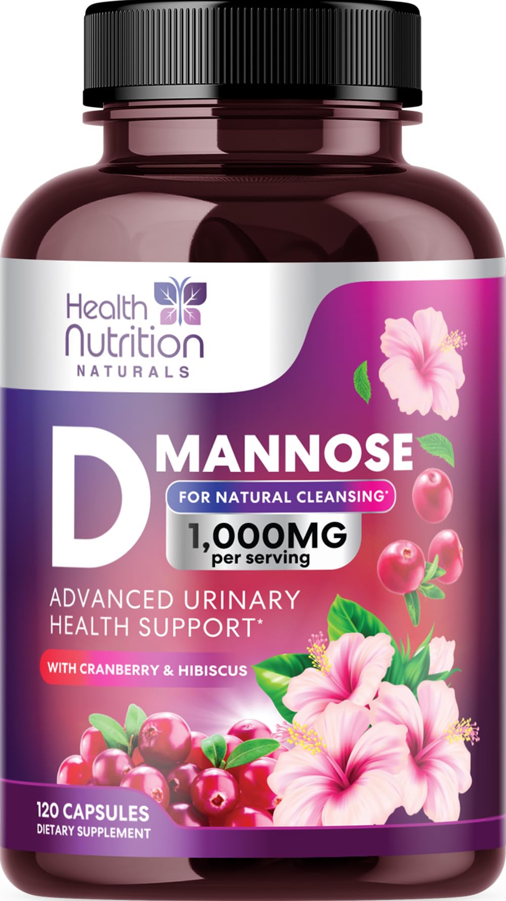 Health Nutrition Naturals D-Mannose en bouteille, capsules faciles à avaler pour soutien urinaire.