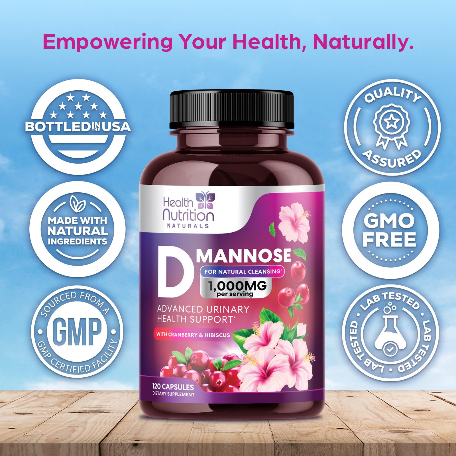 D-Mannose Health Nutrition Naturals avec canneberge, support potentiel du confort urinaire.