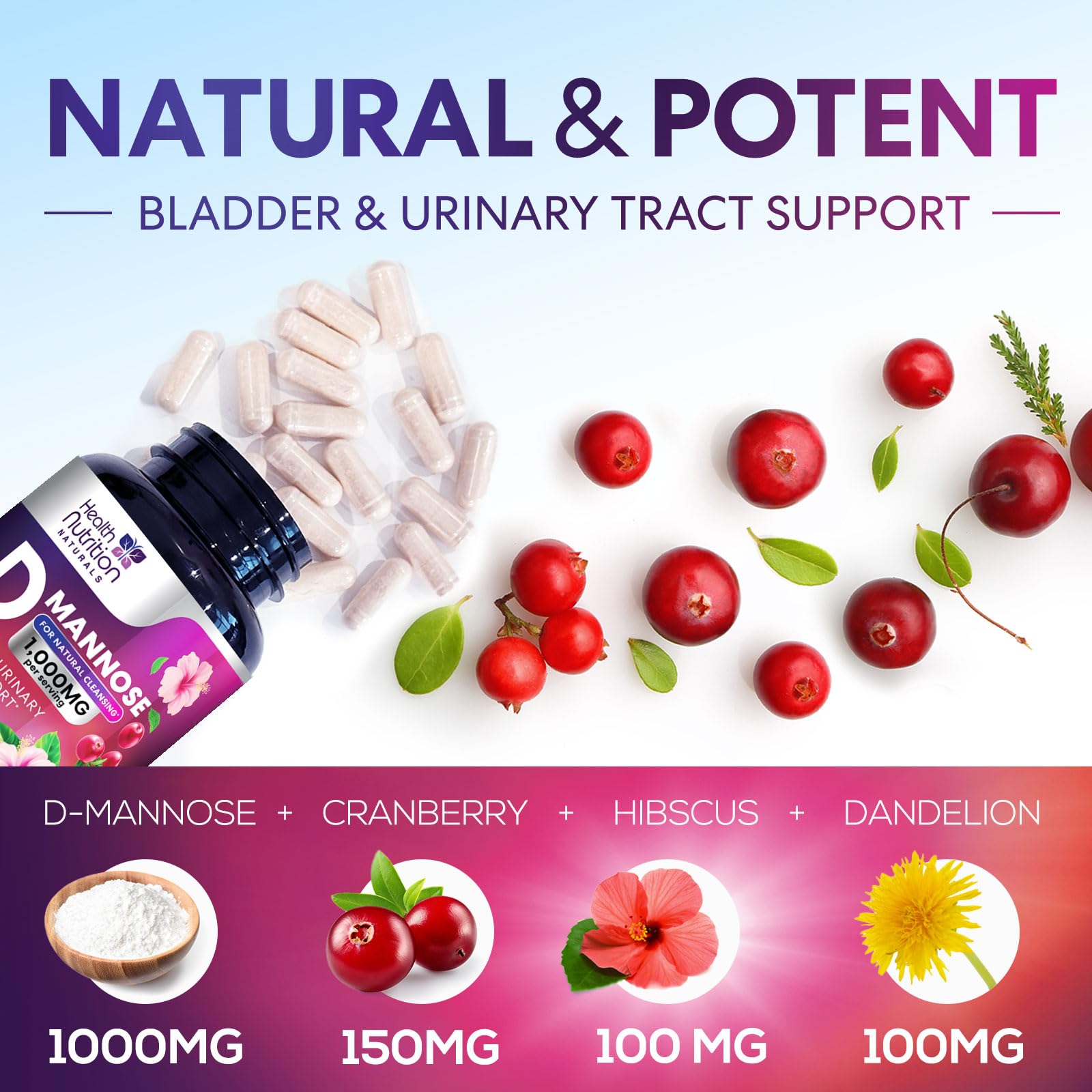 Capsules Health Nutrition Naturals D-Mannose prêtes à une utilisation quotidienne.
