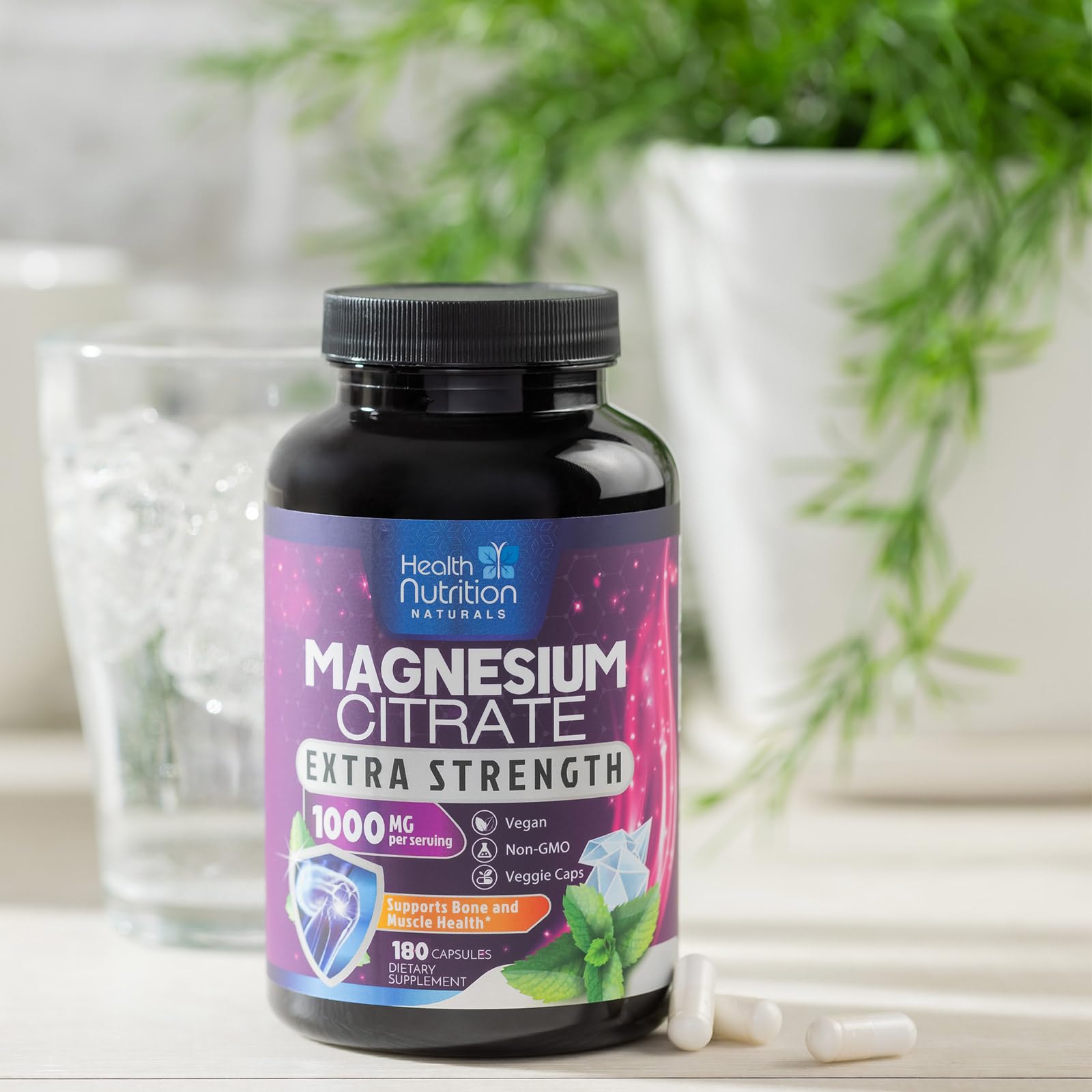 Capsules faciles à avaler Health Nutrition Naturals Magnésium Citrate 1000 mg.