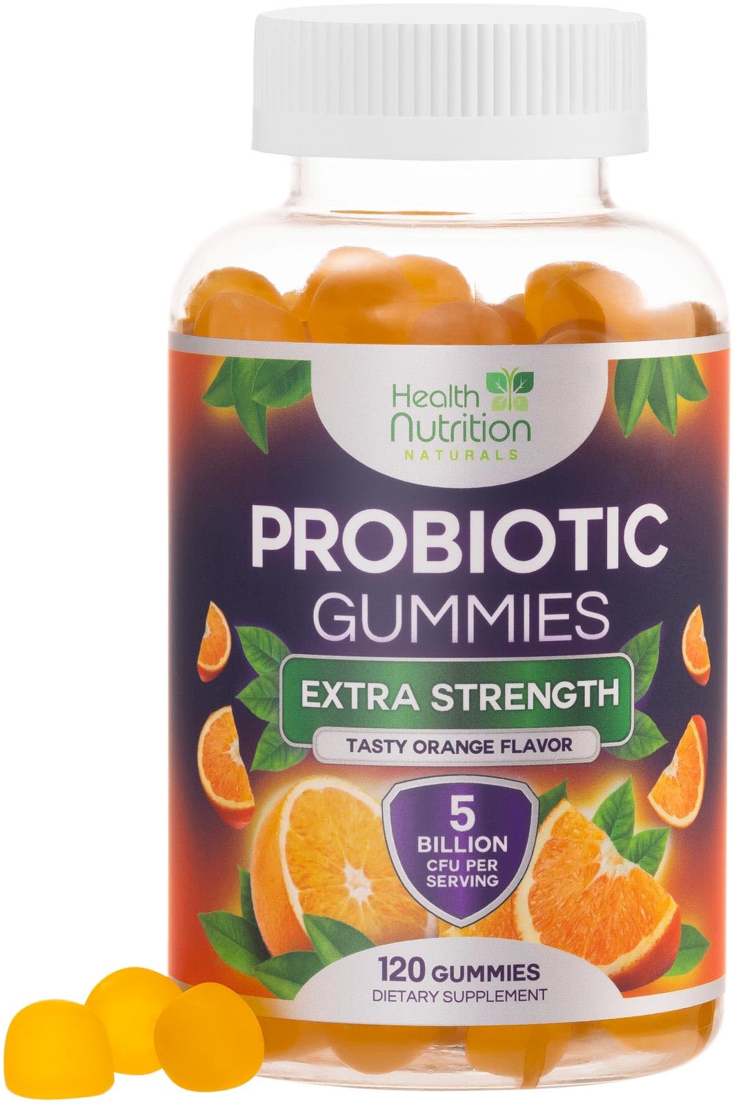Health Nutrition Naturals gommes probiotiques 5 milliards, bouteille, soutien digestif pratique.