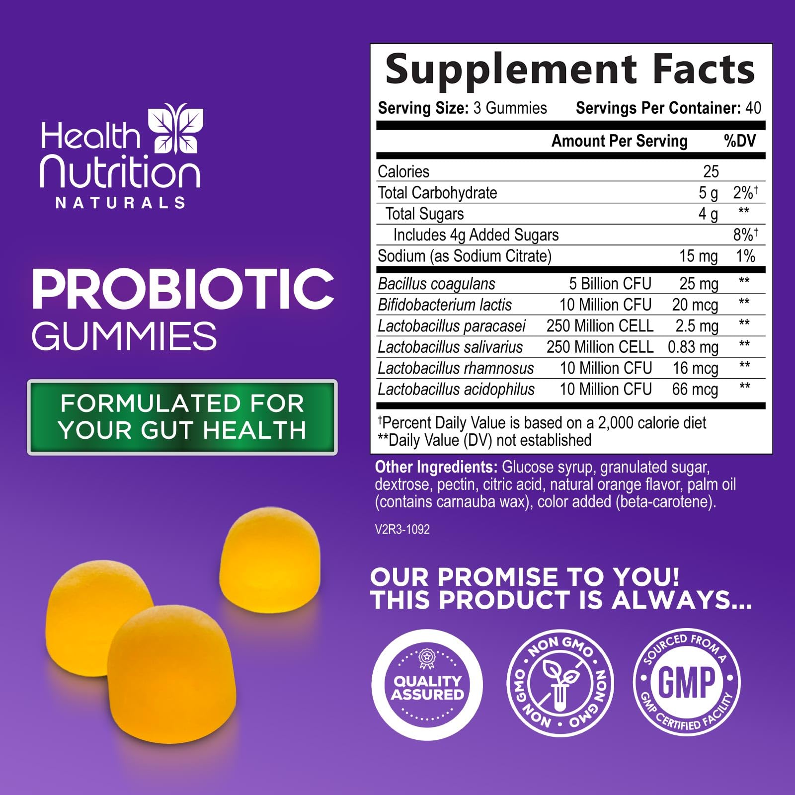 Gommes probiotiques Health Nutrition Naturals, prise quotidienne, digestion et bien-être.