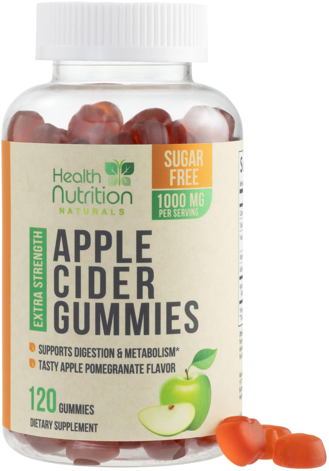 Gommes vinaigre cidre Health Nutrition Naturals sur bouteille 1000 mg ACV et B12