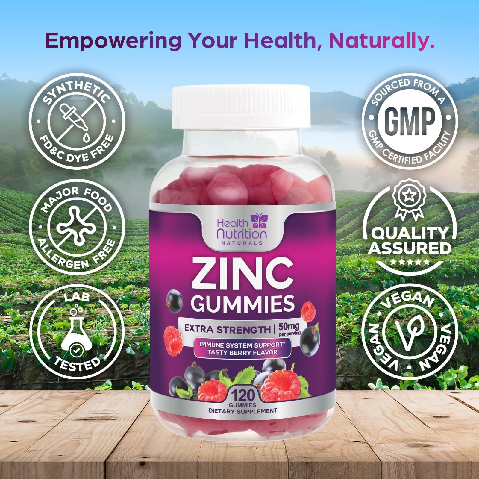 Health Nutrition Naturals gommes zinc 50 mg arôme fruits rouges délicieux