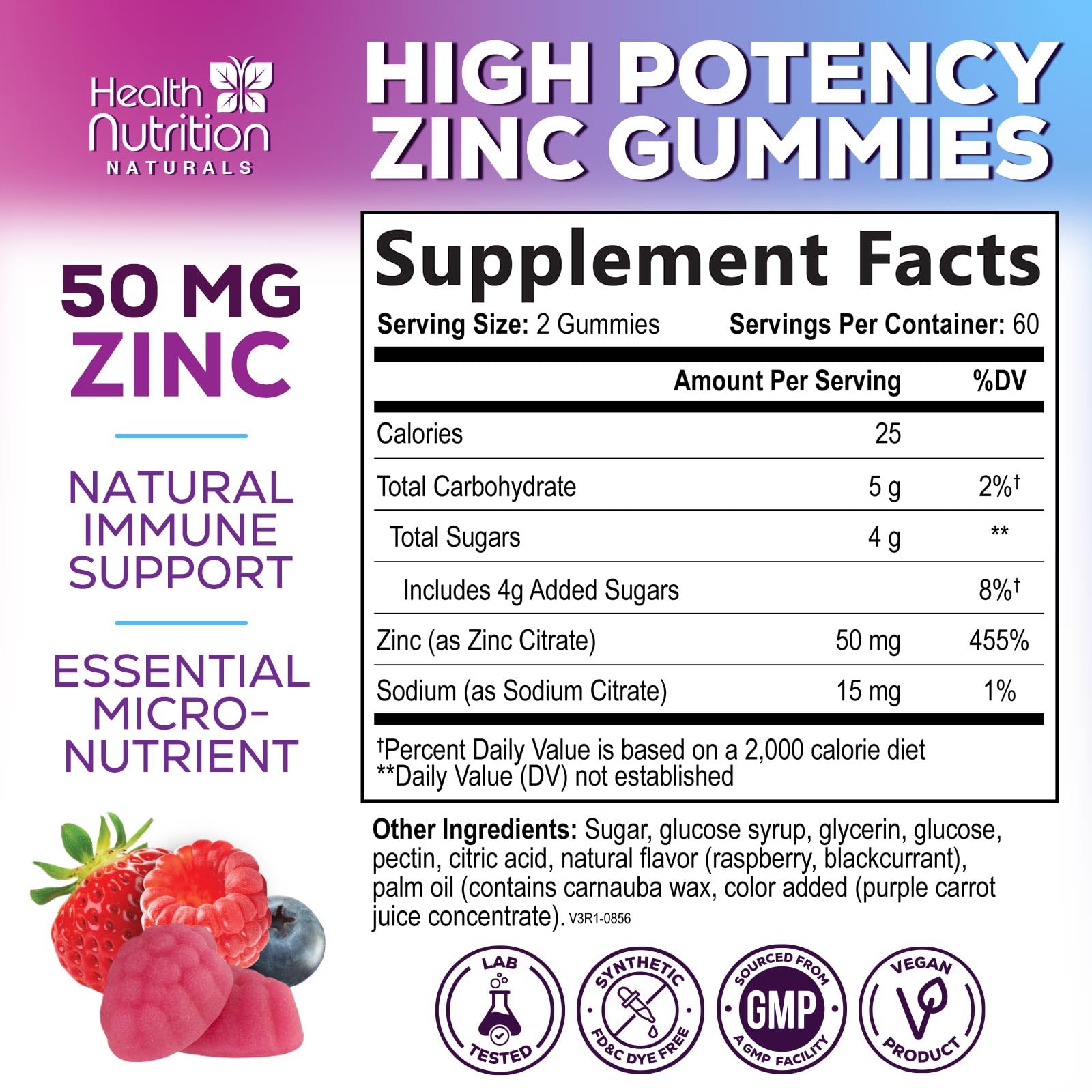 Health Nutrition Naturals gommes zinc 50 mg bouteille prête à l'emploi