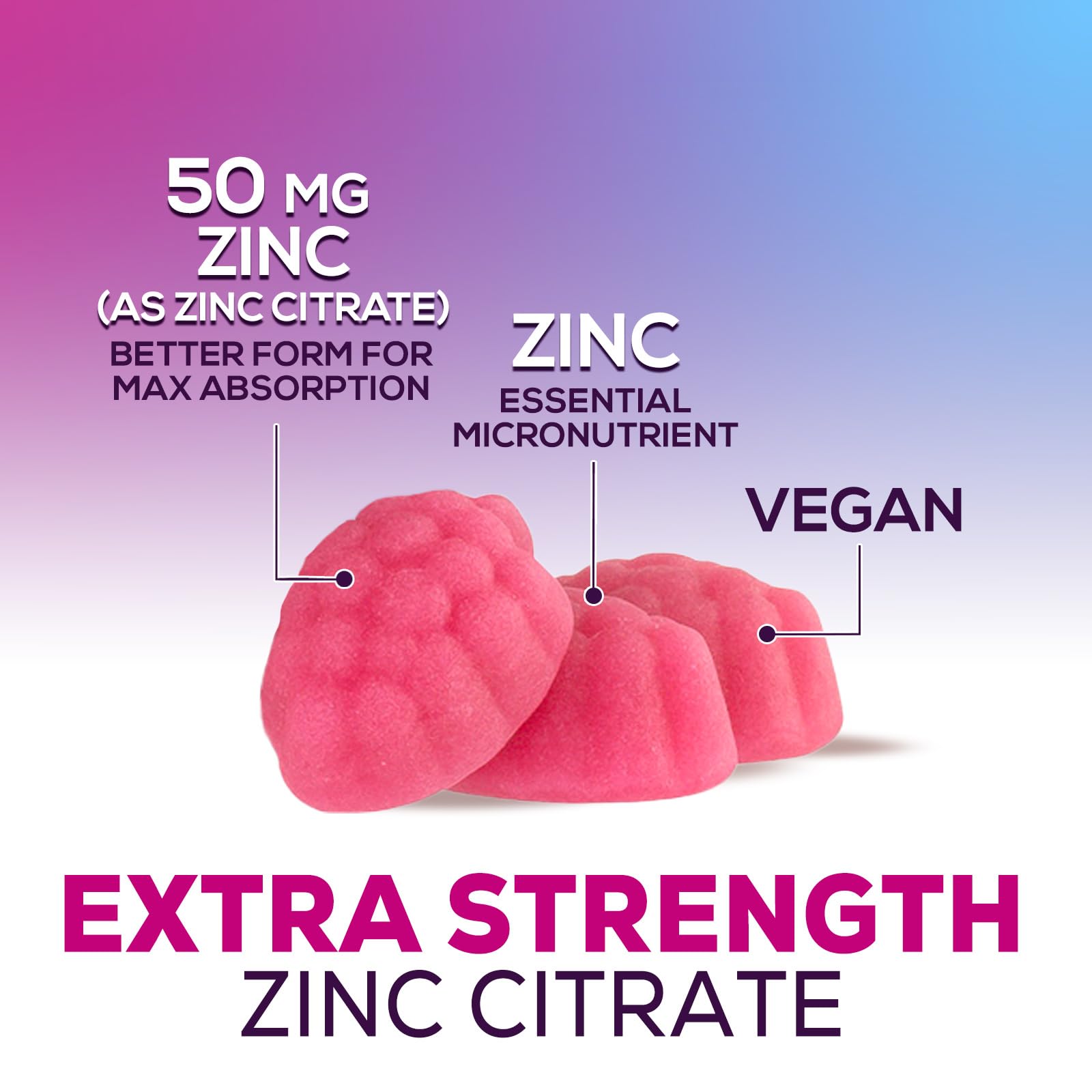Health Nutrition Naturals gommes zinc 50 mg étiquette lisible et complète