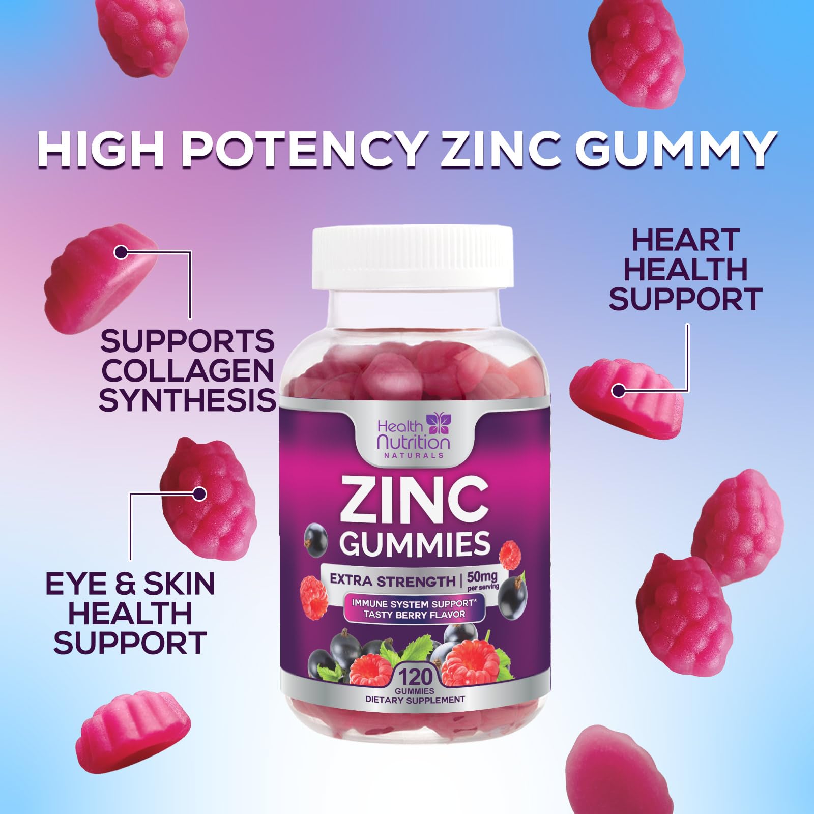 Health Nutrition Naturals gommes zinc 50 mg format portable