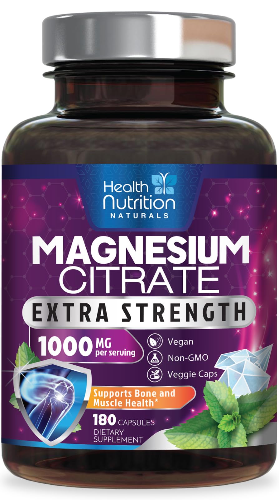 Bouteille Health Nutrition Naturals Magnésium Citrate 1000 mg, absorption maximale.