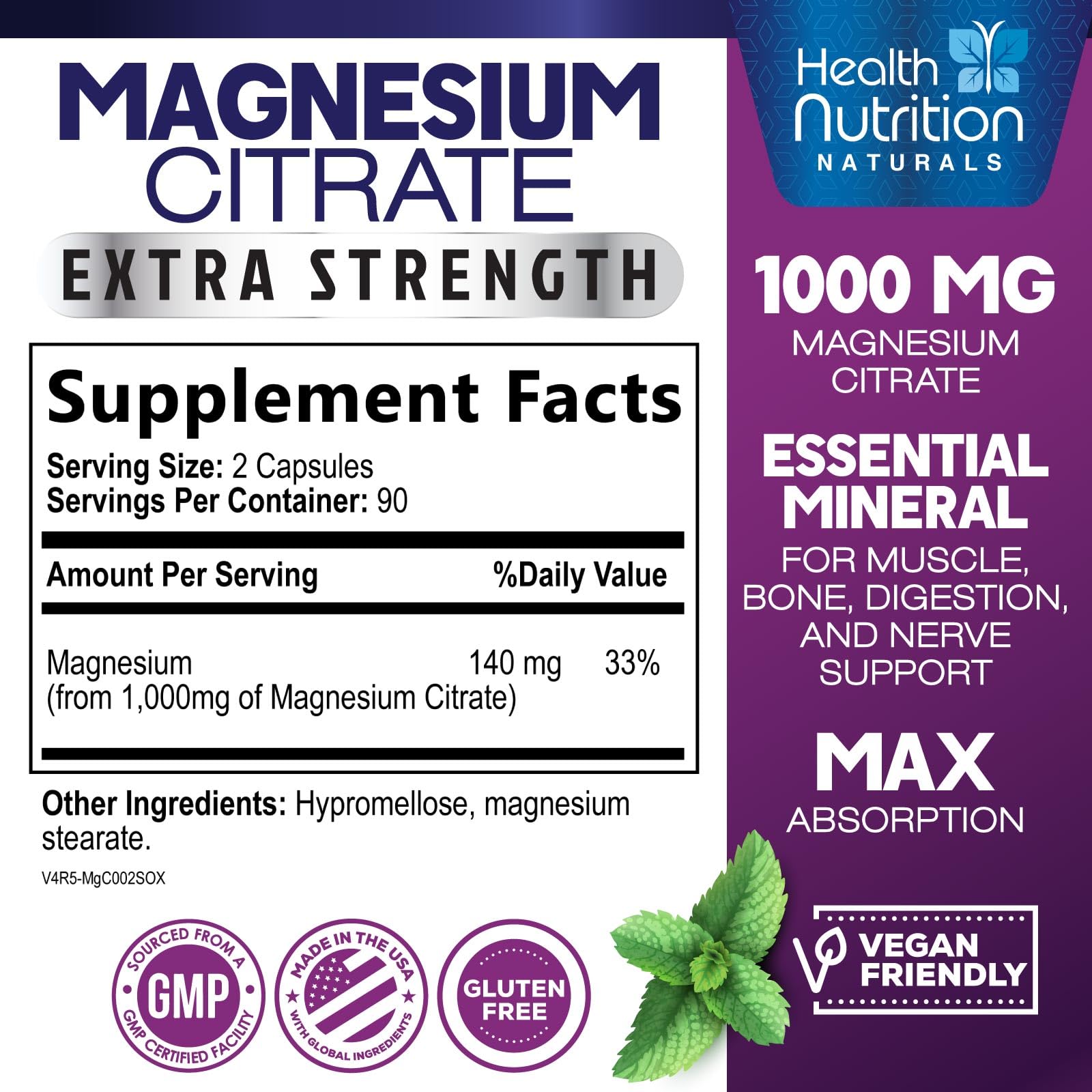 Capsules Health Nutrition Naturals Magnésium Citrate, soutien nerveux et musculaire.