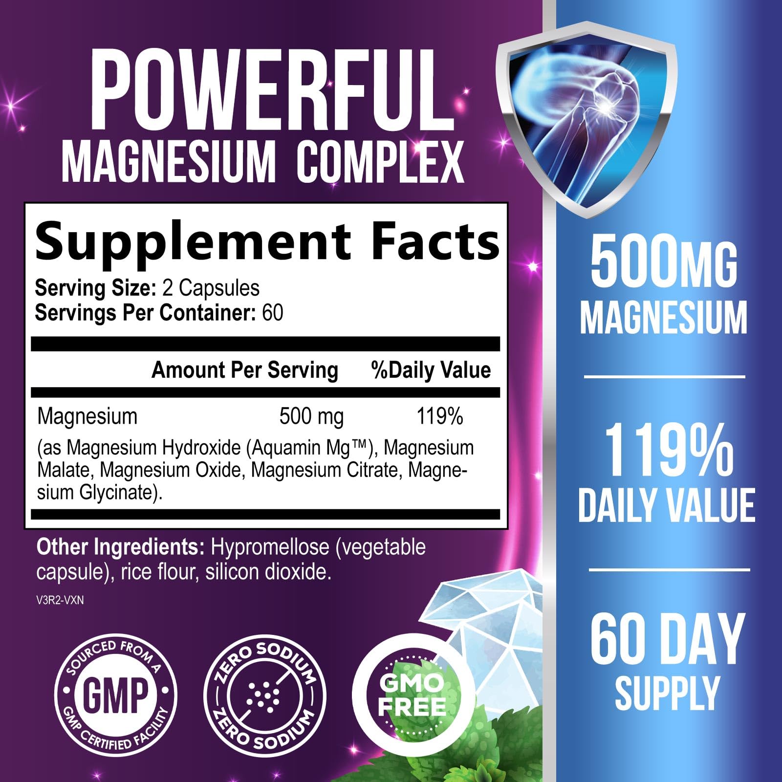 Health Nutrition Naturals Magnesium Complex Capsules, gros plan sur les gelules a haute absorption.