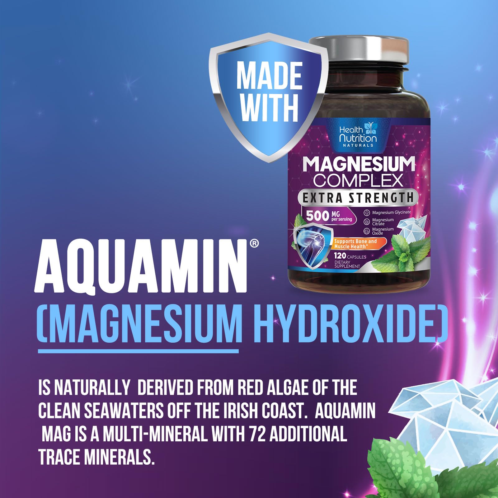 Health Nutrition Naturals Magnesium Complex Etiquette Zoom, etiquette claire pour dosage quotidien.