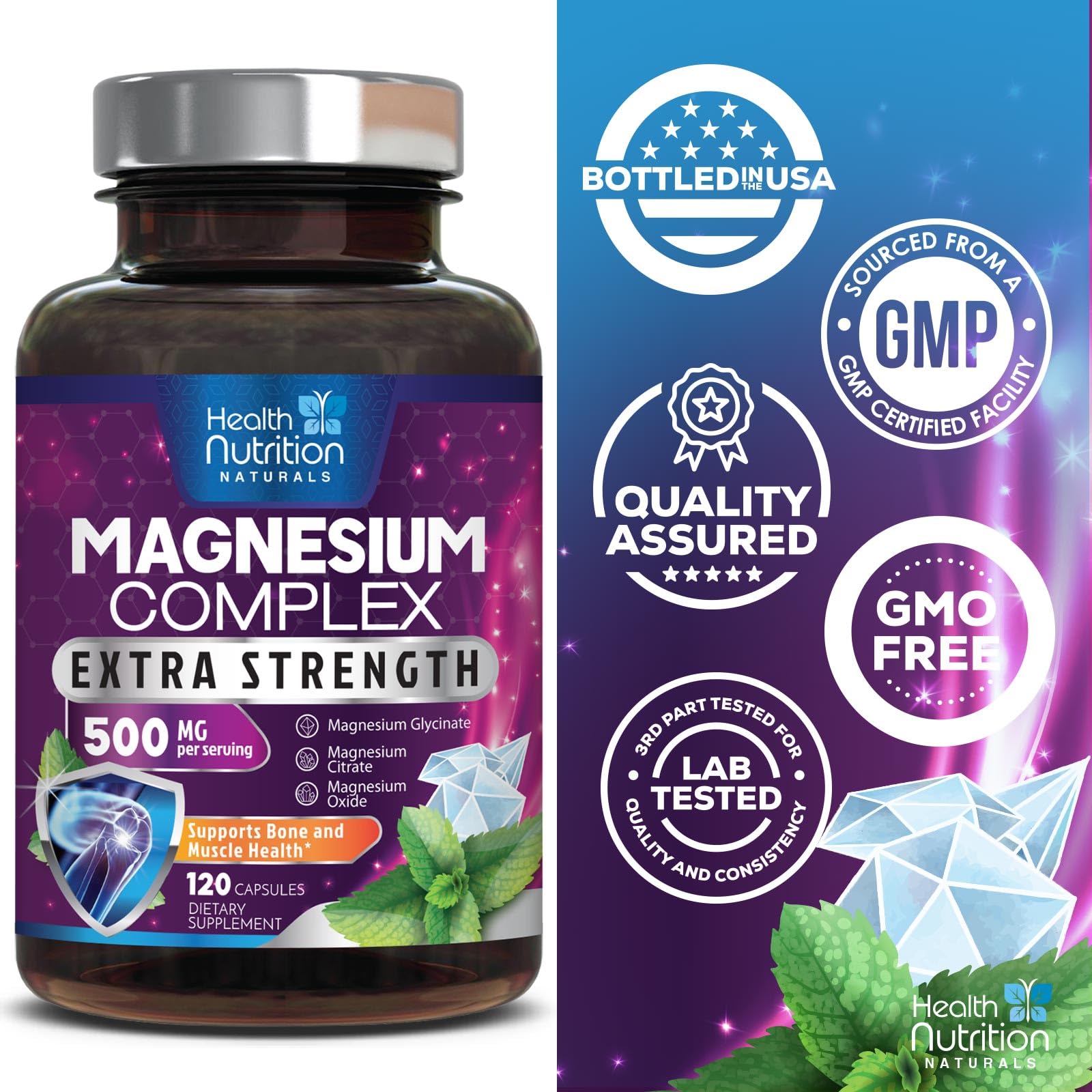 Health Nutrition Naturals Magnesium Complex Gros Plan Capsules, visibilite nette des capsules.