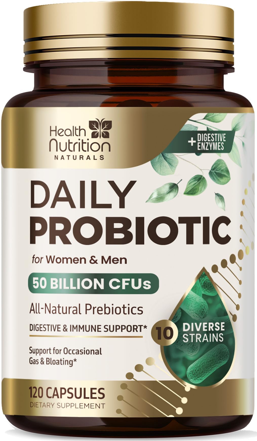 Health Nutrition Naturals Probiotiques 50 milliards CFU, 10 souches, soutien digestif potentiel.