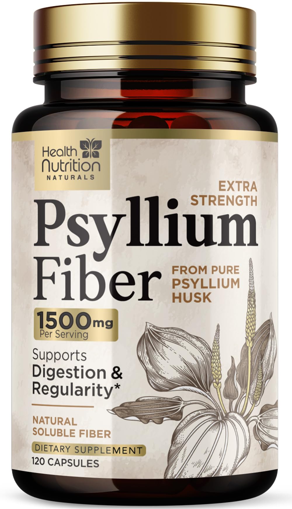 Health Nutrition Naturals Psyllium Husk Capsules 1500mg - Bouteille, soutien digestif potentiel.