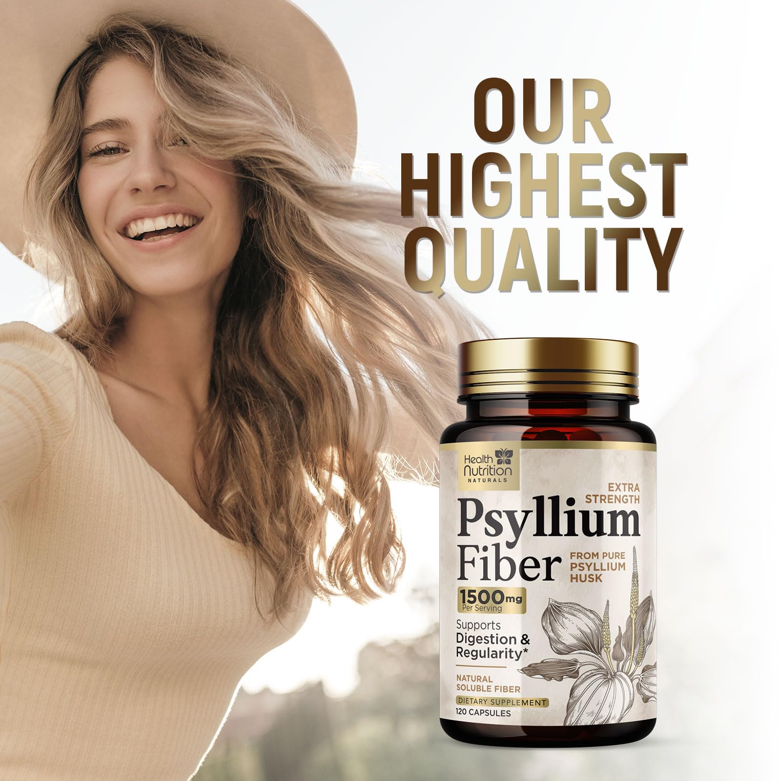 Health Nutrition Naturals Psyllium Husk Capsules 1500mg - Emballage 120 gélules prêt à l'emploi.