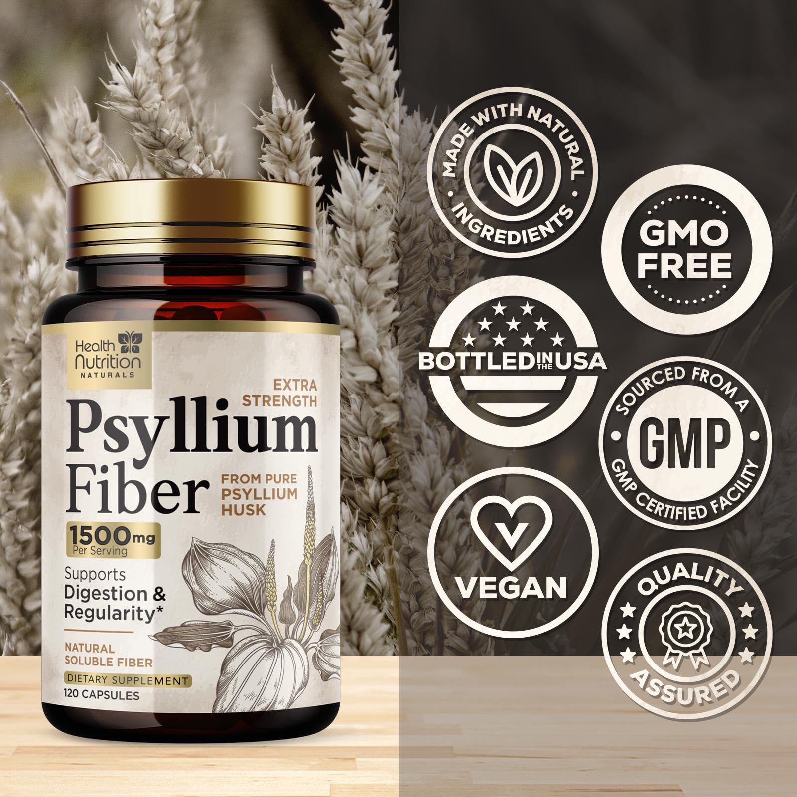 Health Nutrition Naturals Psyllium Husk Capsules 1500mg - Étiquette lisible et composition pure.