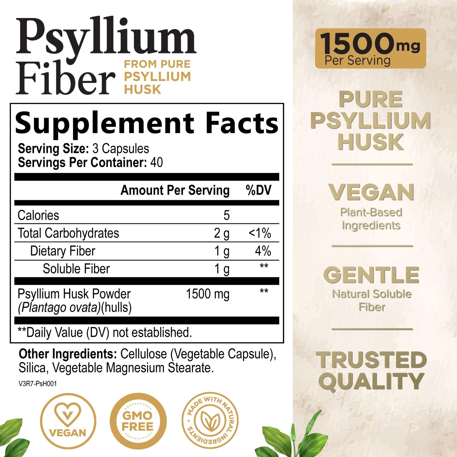 Health Nutrition Naturals Psyllium Husk Capsules 1500mg - Capsules faciles à prendre au quotidien.