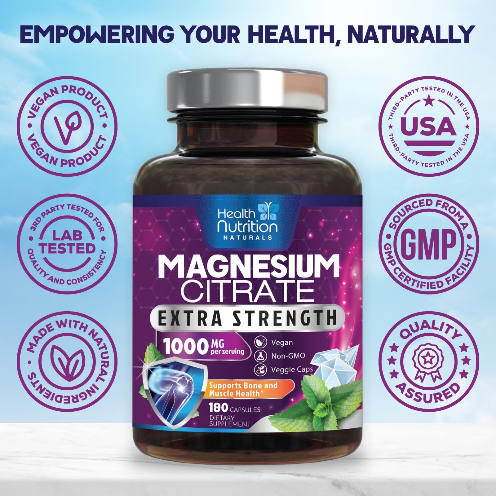 Capsules magnésium citrate Health Nutrition Naturals, digestion occasionnelle soutenue.