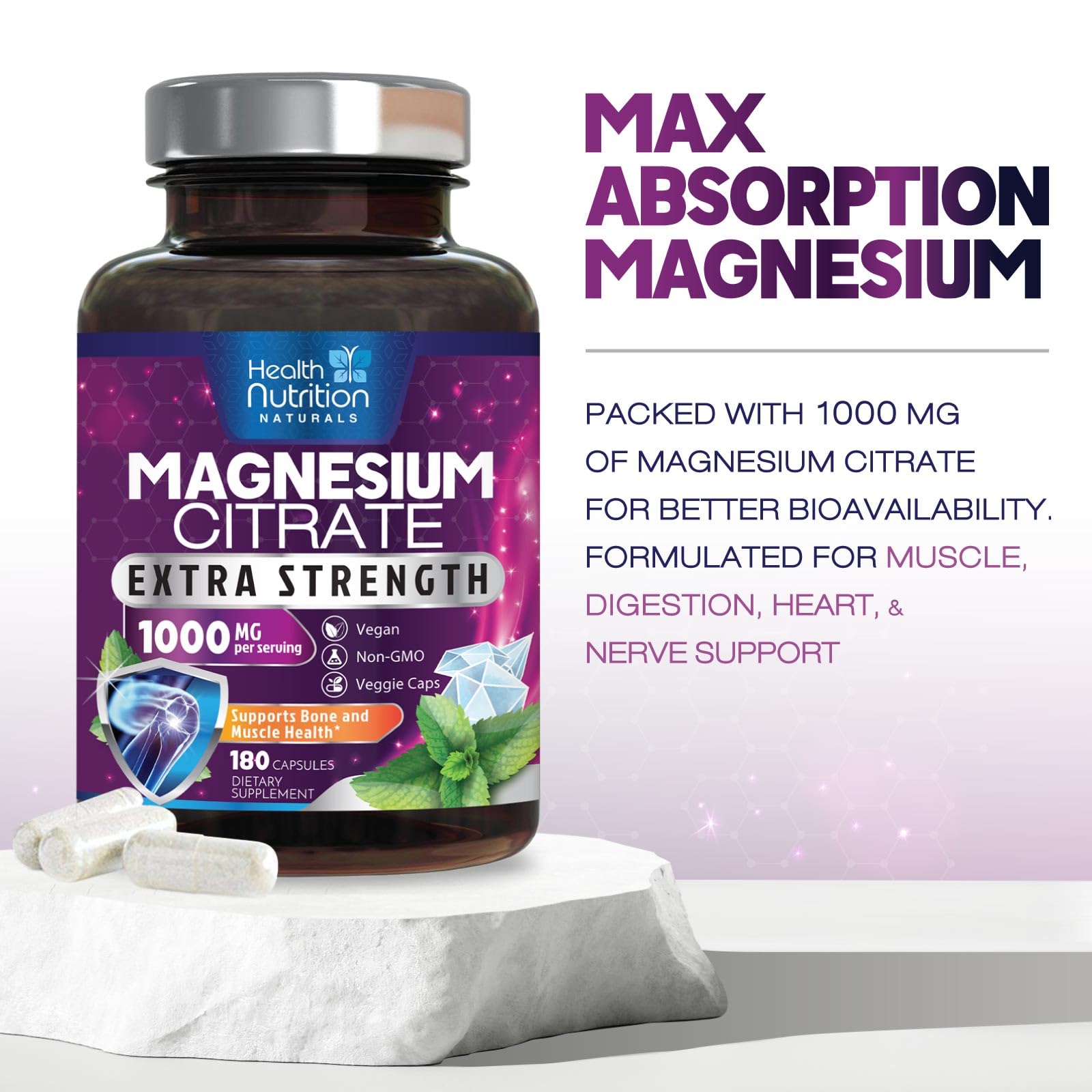Capsules Health Nutrition Naturals Magnésium Citrate, soutien osseux.