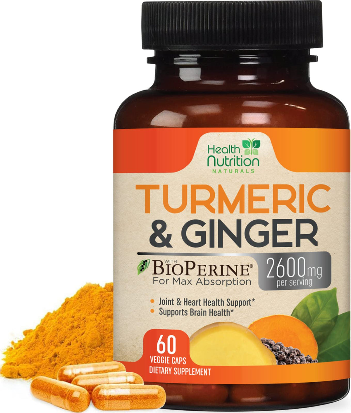 Health Nutrition Naturals Turmeric Curcumin 2600mg – bouteille visible, soutien potentiel des articulations