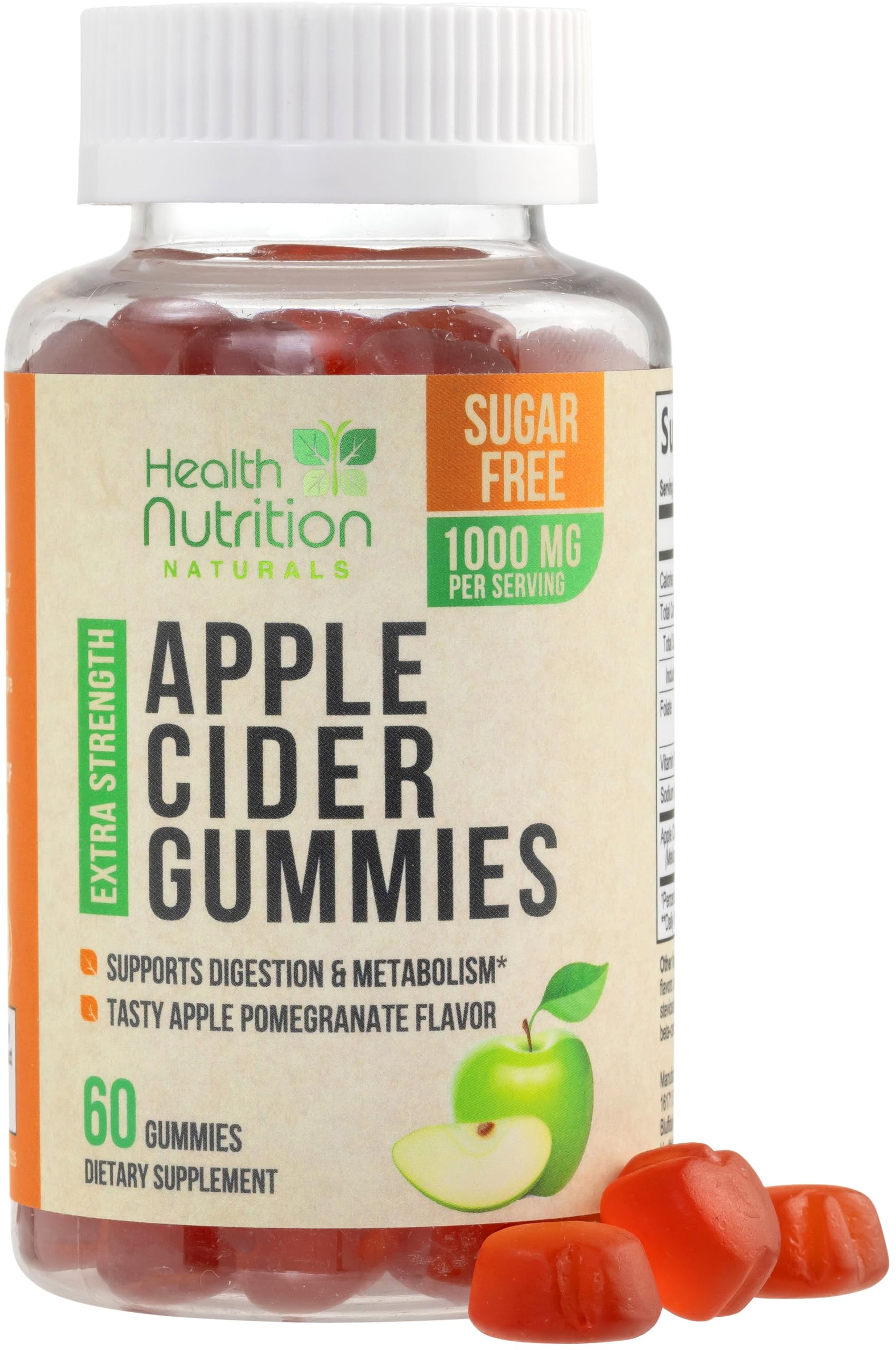 Health Nutrition Naturals gommes vinaigre de pomme, boîte ouverte, pratique et sans sucre.