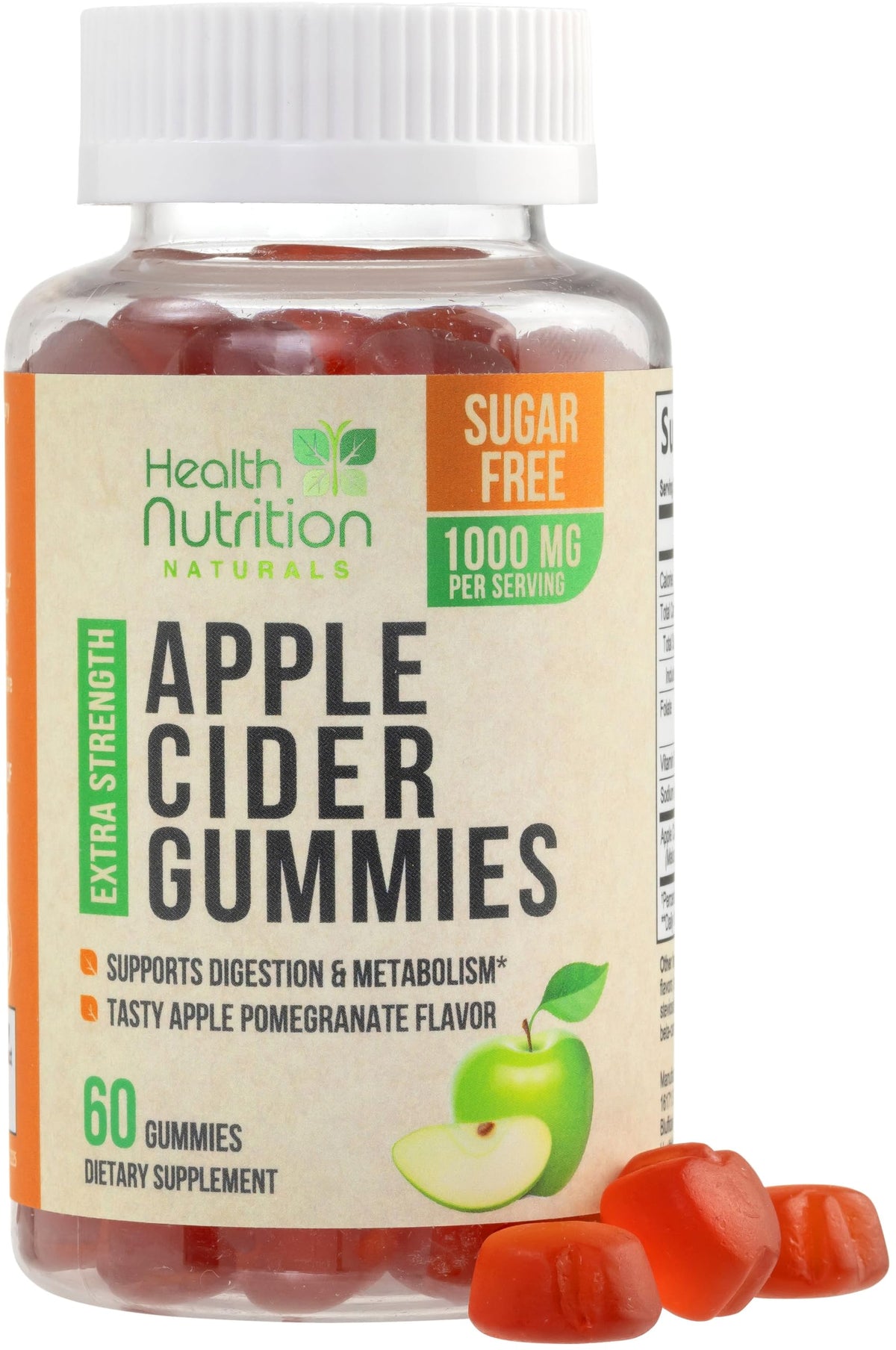 Health Nutrition Naturals gommes vinaigre de pomme, boîte ouverte, pratique et sans sucre.