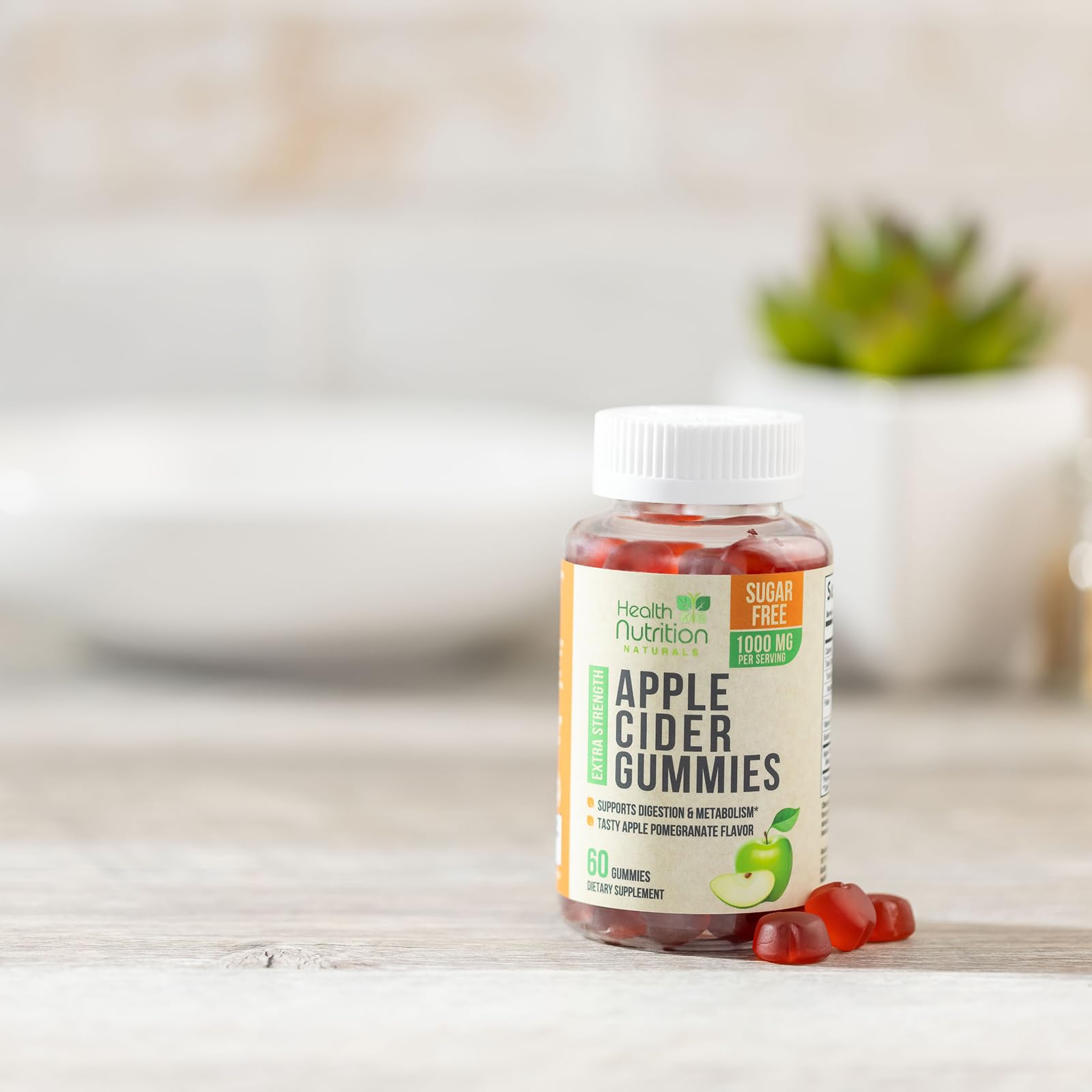 Health Nutrition Naturals gommes vinaigre de pomme, étiquette lisible et informations clés.