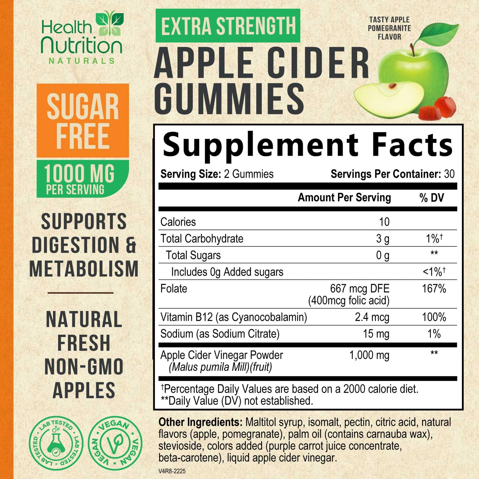 Health Nutrition Naturals gommes vinaigre de pomme, étiquette 1000mg, dosage clair.