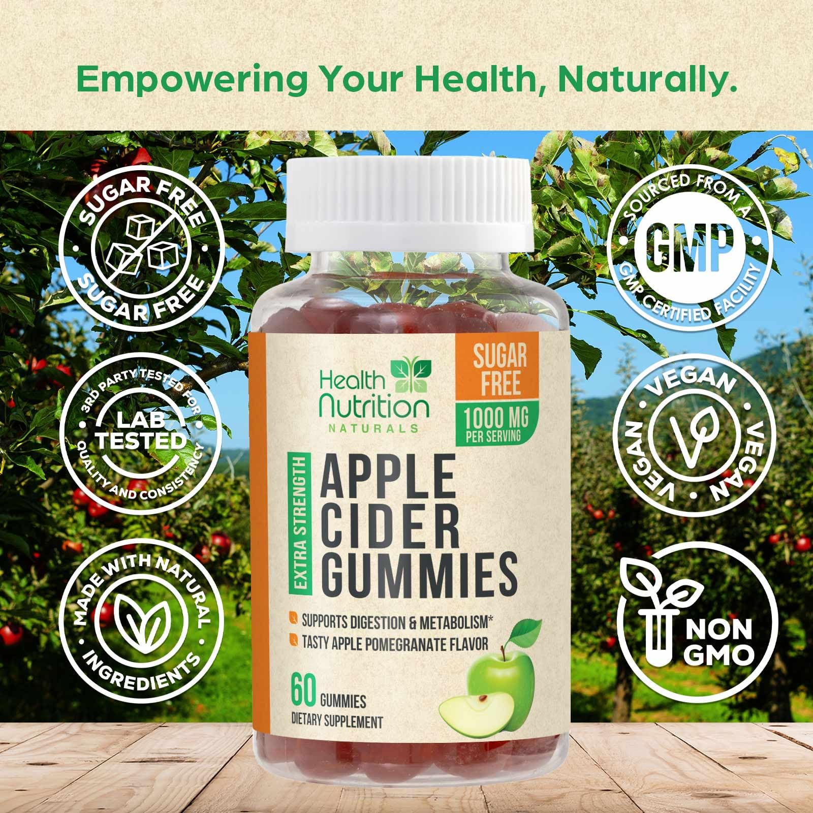 Health Nutrition Naturals gommes vinaigre de pomme, flacon arrière, vitamine B12 visible.