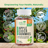Health Nutrition Naturals gommes vinaigre de pomme, flacon arrière, vitamine B12 visible.