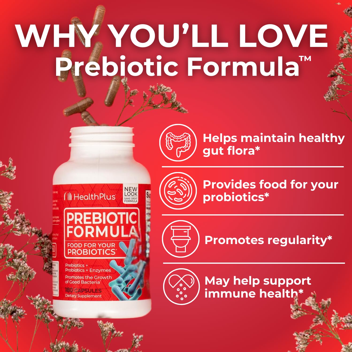 Health Plus Prebiotique Formule - Ingrédients visibles, mélange naturel d'inuline et enzymes digestives