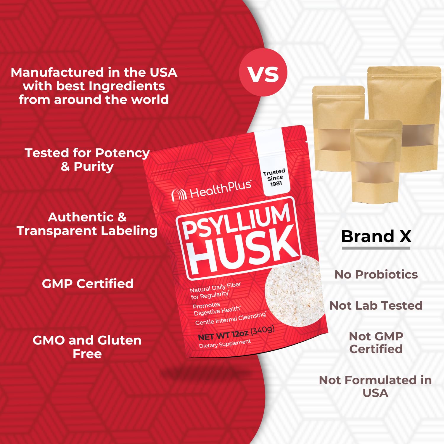 Health Plus psyllium husk emballage : produit naturel et pratique pour un usage quotidien.