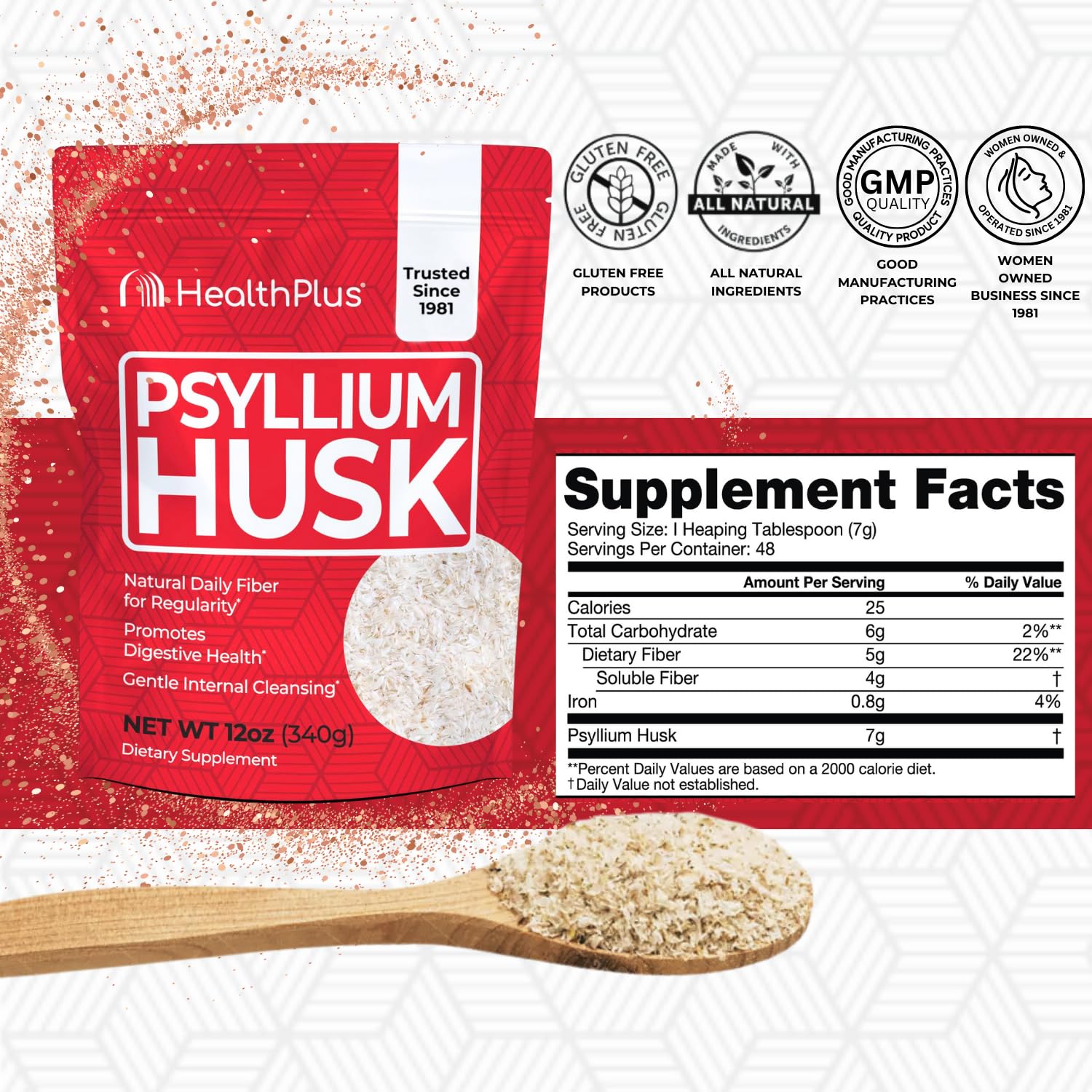 Health Plus psyllium husk poudre : épaississant naturel et source de fibres pour recettes.