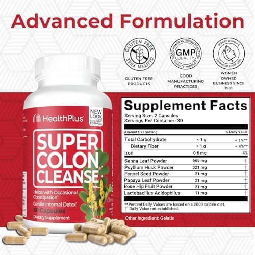 Capsules Health Plus Super Colon Cleanse pour le transit occasionnel.