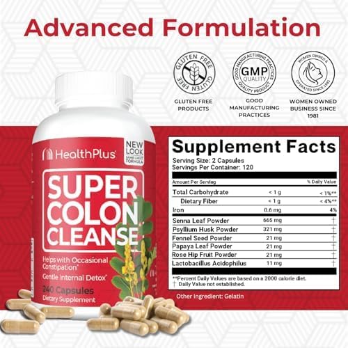 Health Plus Super Colon Cleanse : étiquette affichant les ingrédients pour l'équilibre intestinal.