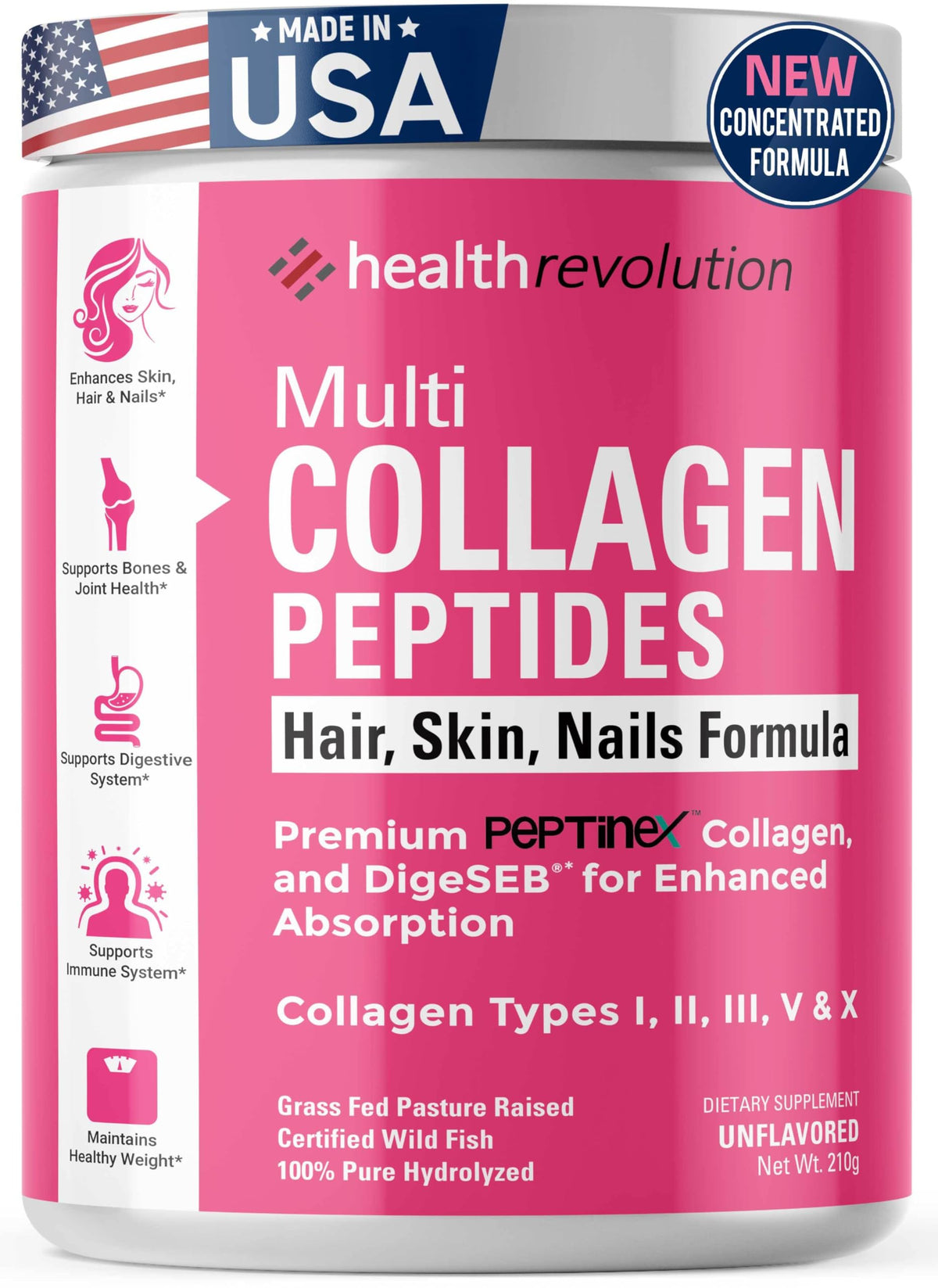 Health Revolution Poudre multi-collagène types I à X pour beauté et mobilité.