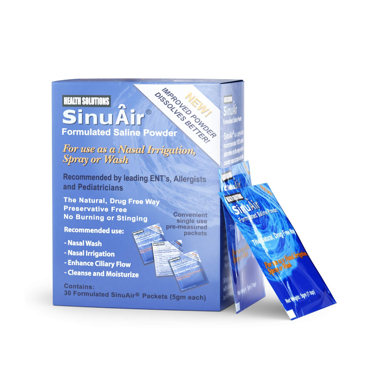 SinuAir sachets saline: nettoyage nasal doux pour un confort sensoriel au quotidien.