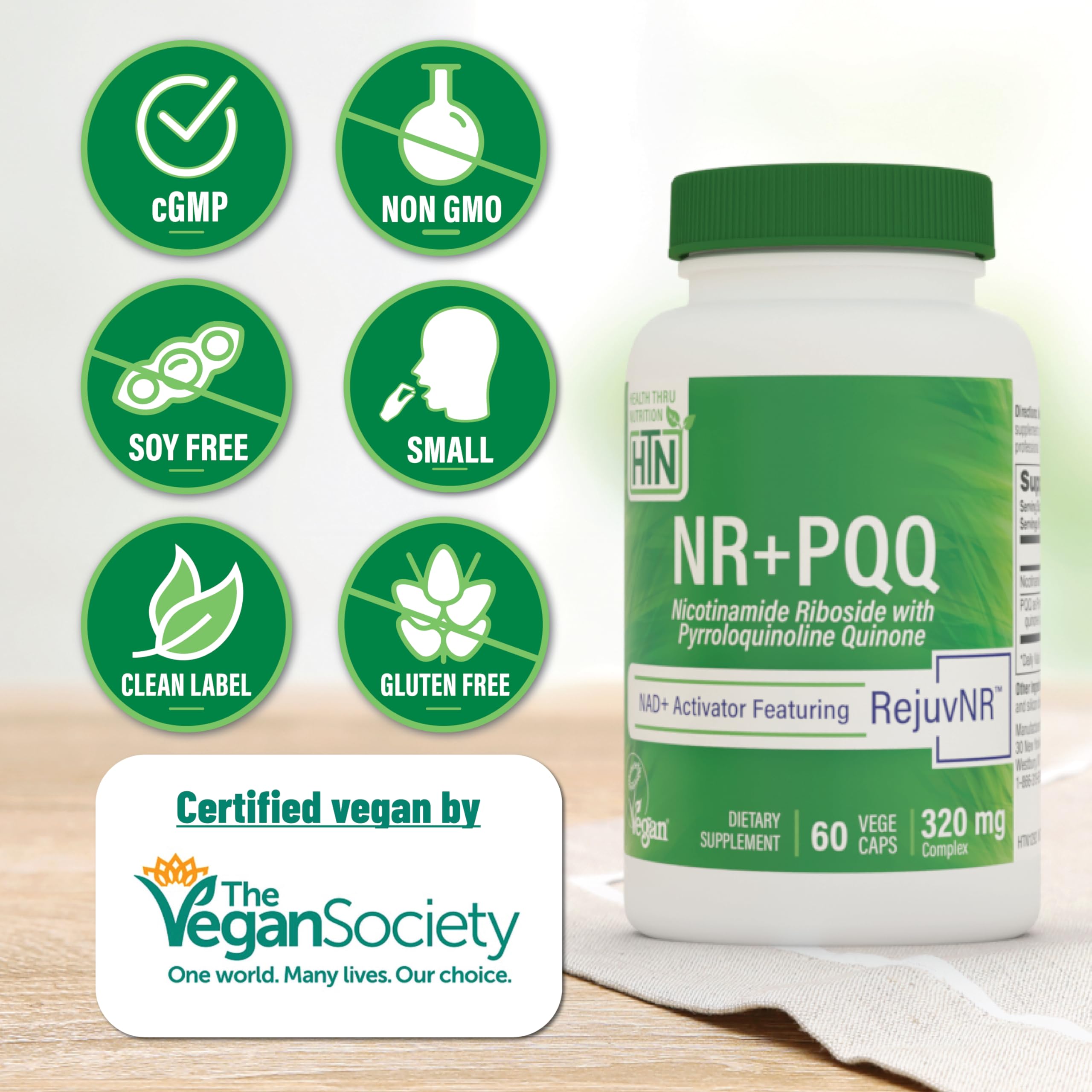 Health Thru Nutrition Activateur NAD+ PQQ – Étiquetage clair facilitant la prise quotidienne.