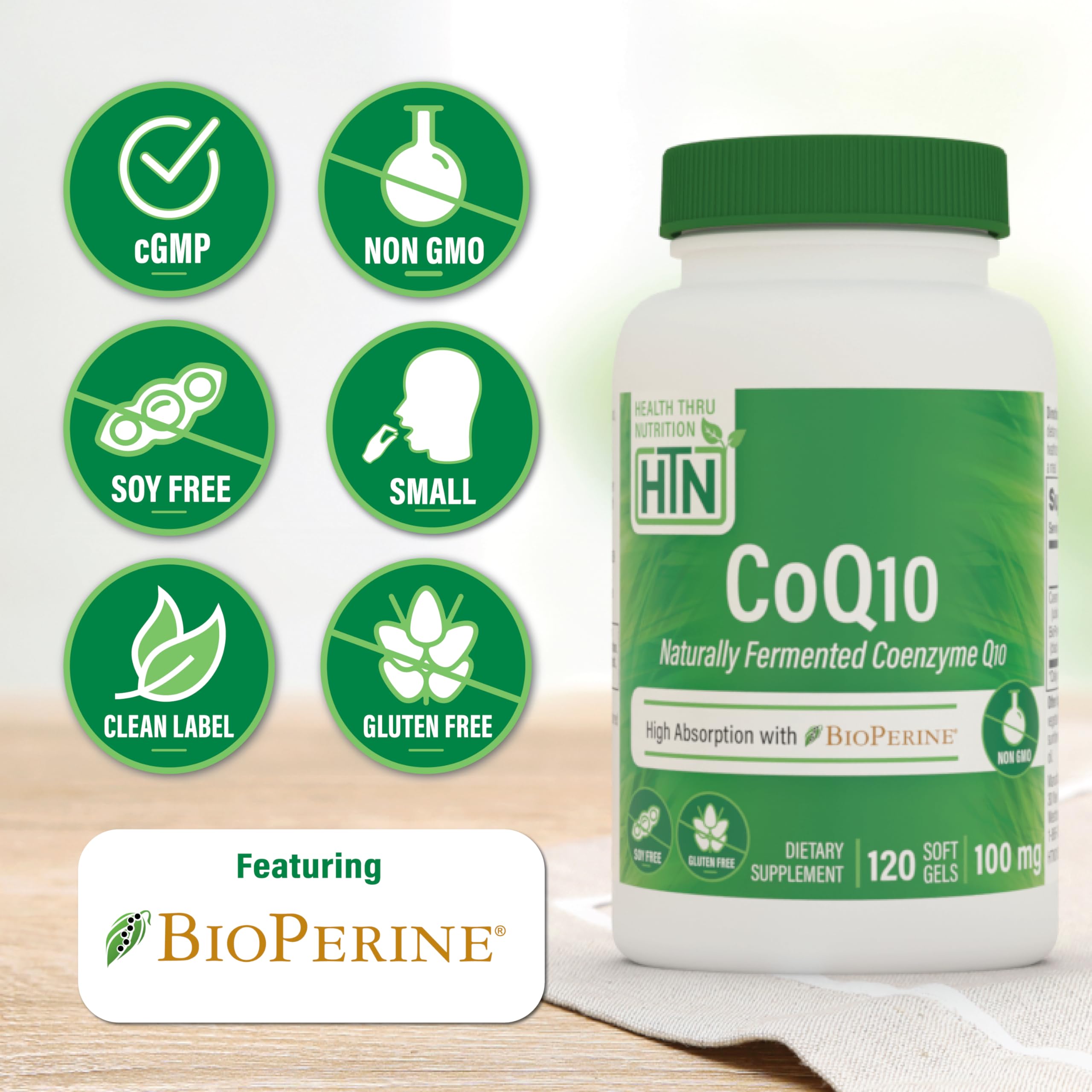 CoQ-10 Health Thru Nutrition BioPerine, absorption améliorée grâce à Bioperine.
