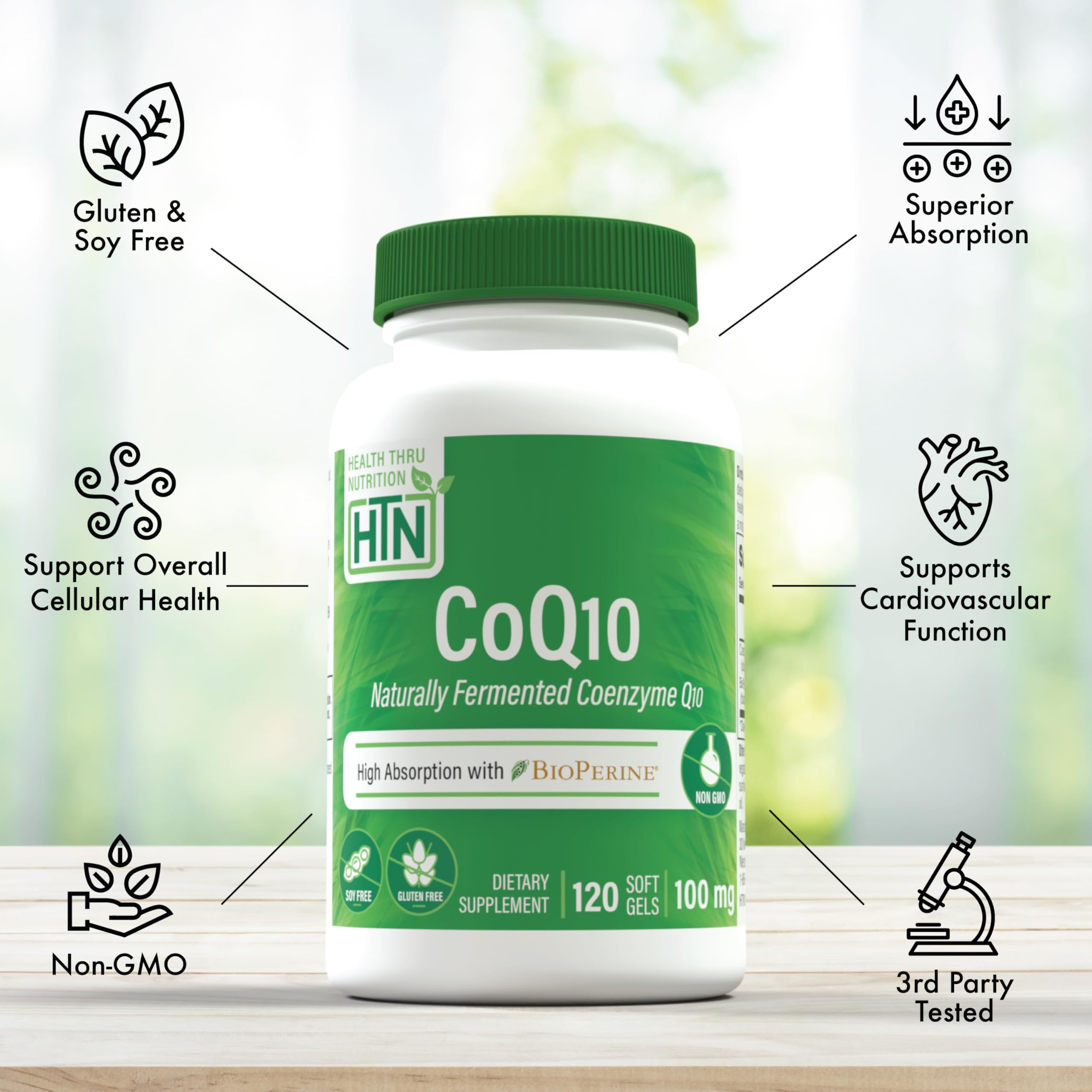 CoQ-10 Health Thru Nutrition Bioperine, tests indépendants et traçabilité.