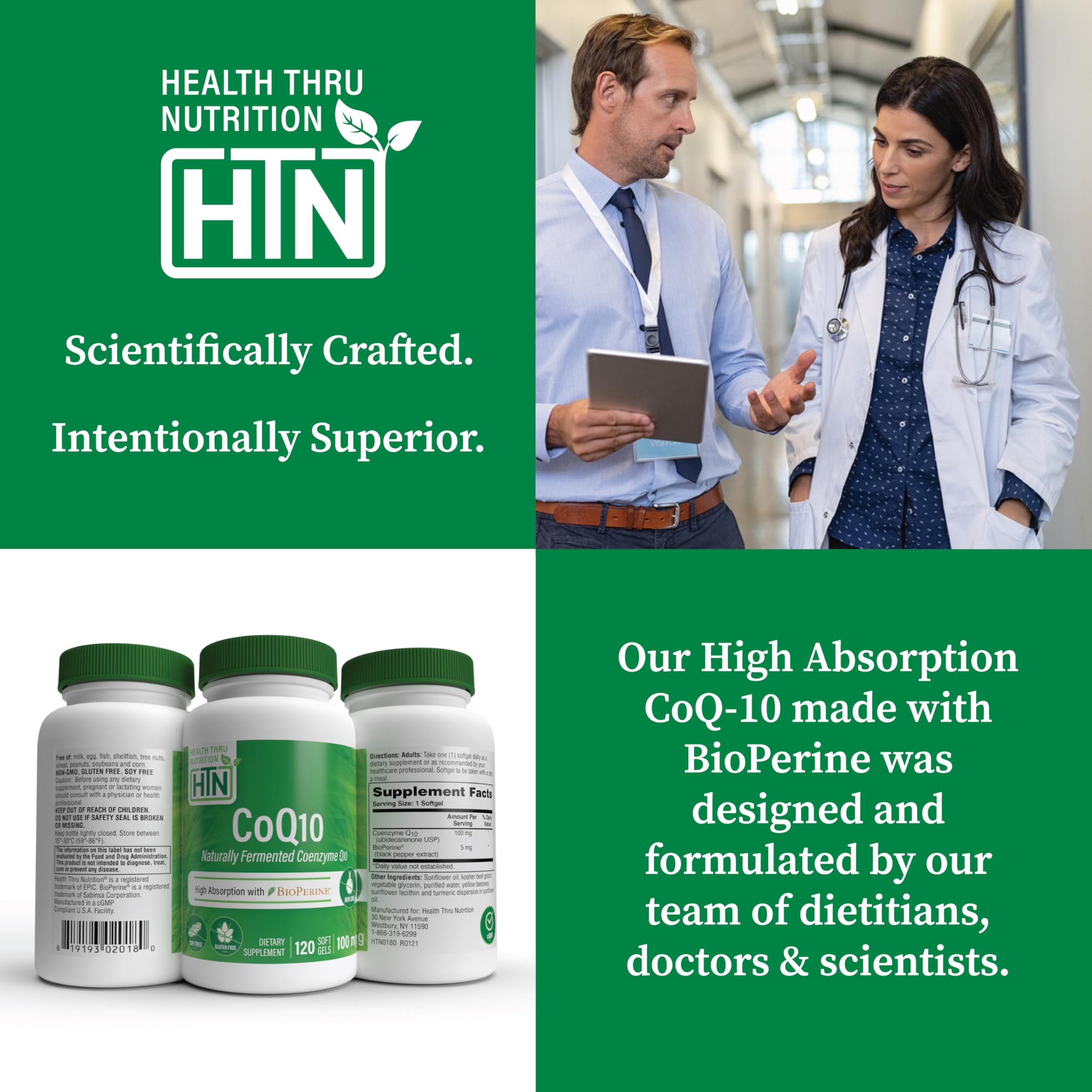 Étiquette claire Health Thru Nutrition CoQ-10, emballage sûr et élégant.