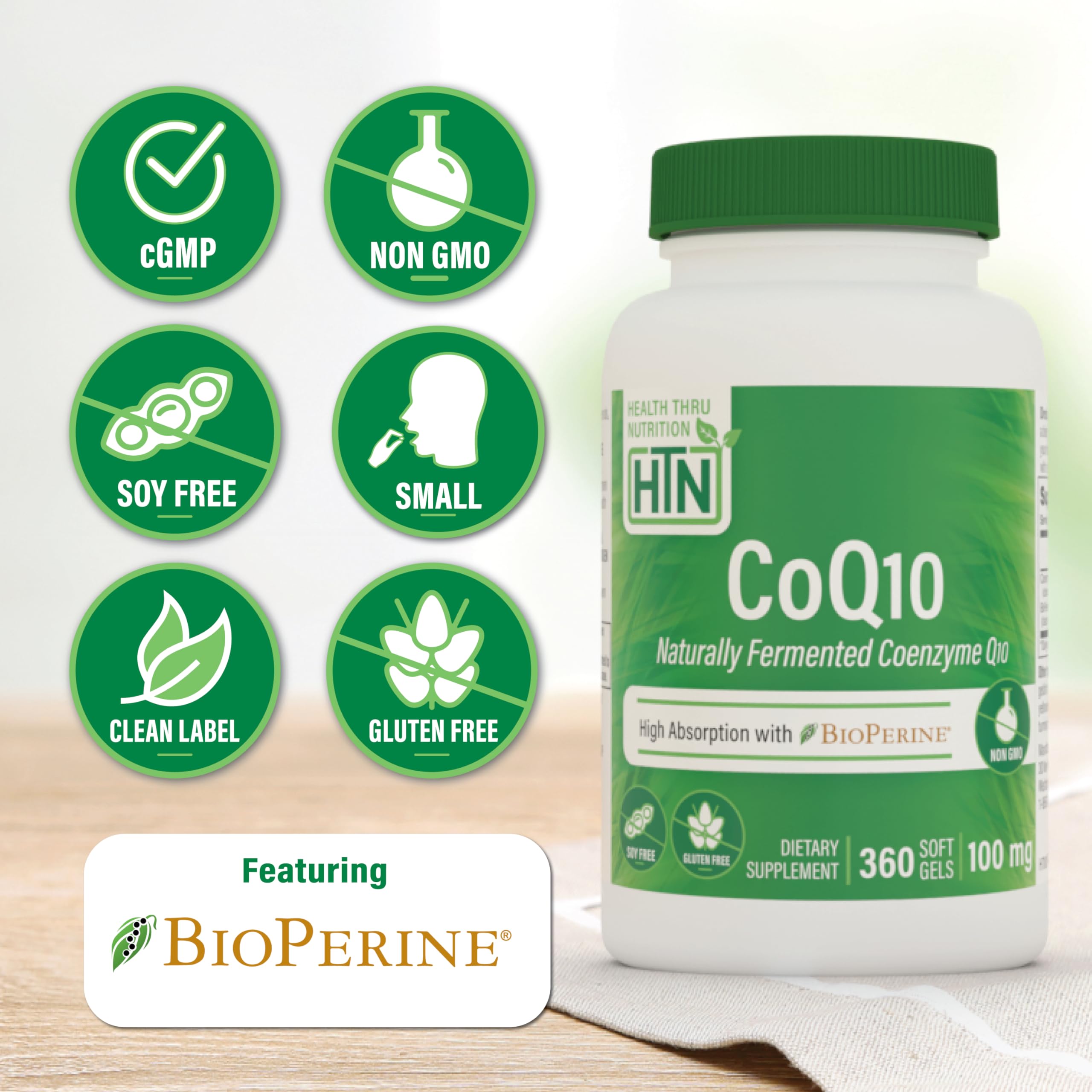 Étiquette Health Thru Nutrition CoQ-10 100 mg avec BioPerine et qualité USP