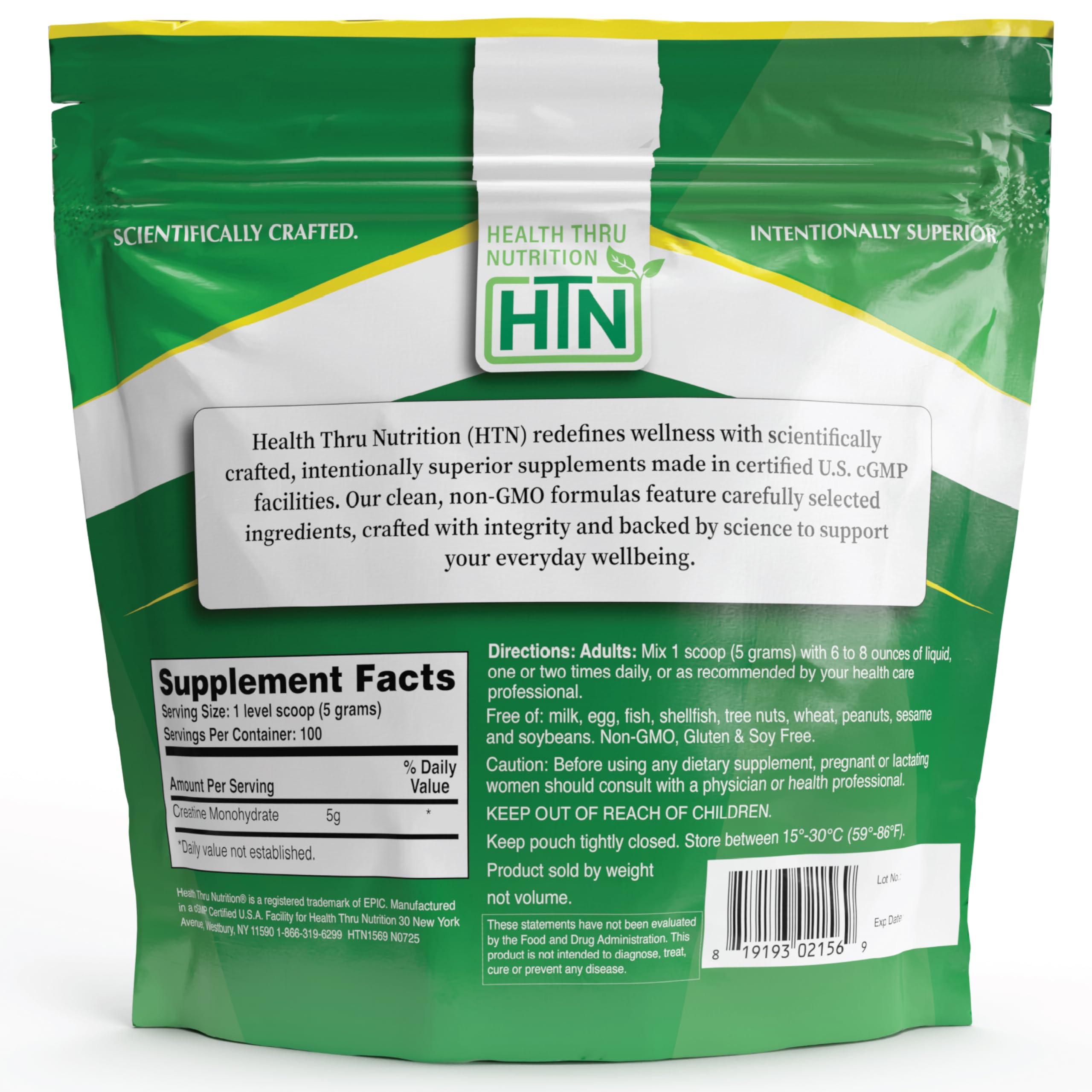 Health Thru Nutrition créatine micronisée emballage 500 g pour environ 100 portions.