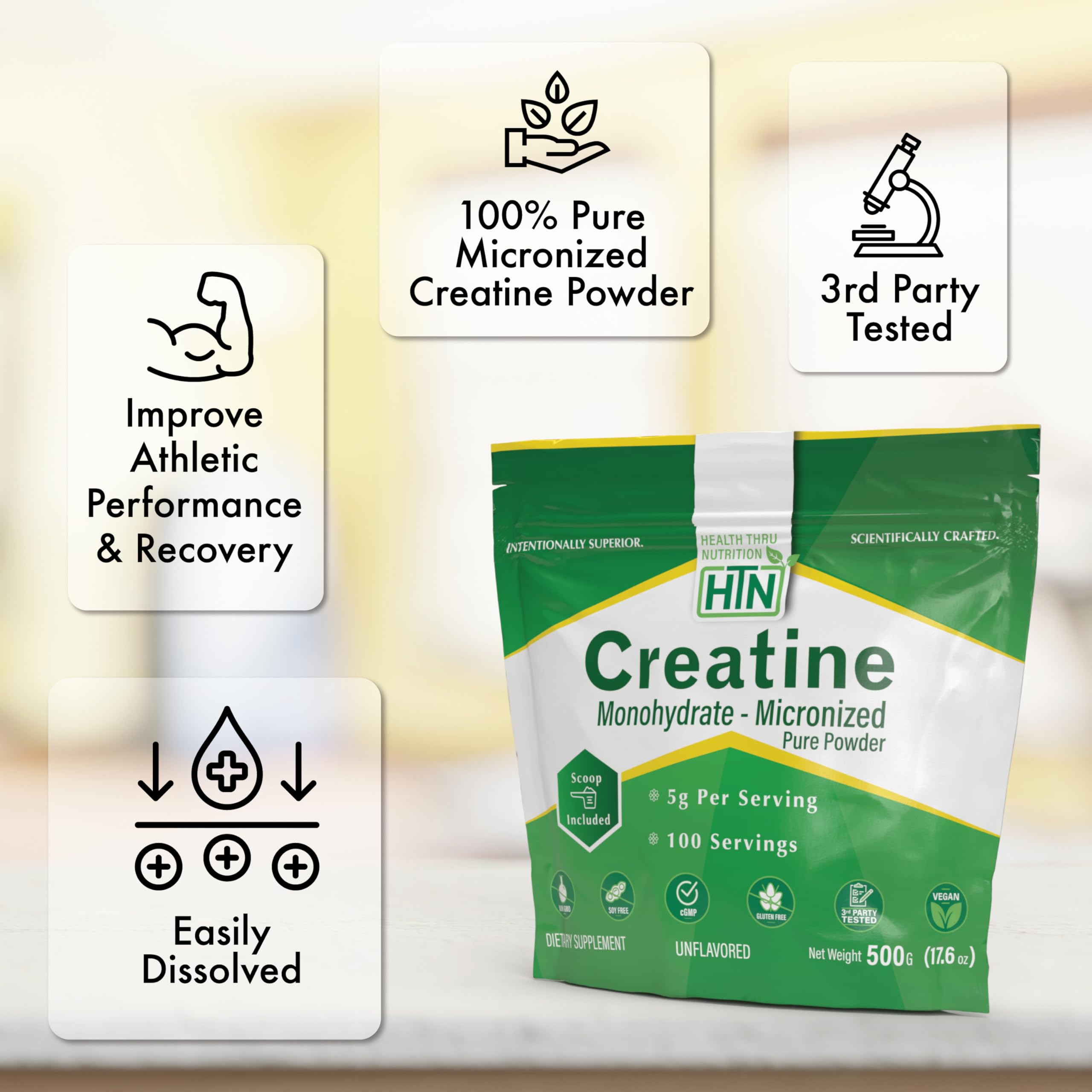 Health Thru Nutrition créatine micronisée se dissout rapidement dans l’eau ou le jus.