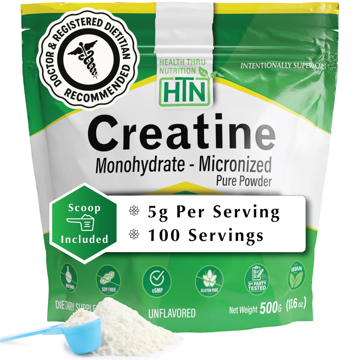 Health Thru Nutrition créatine micronisée en poudre prête à mélanger dans vos boissons.