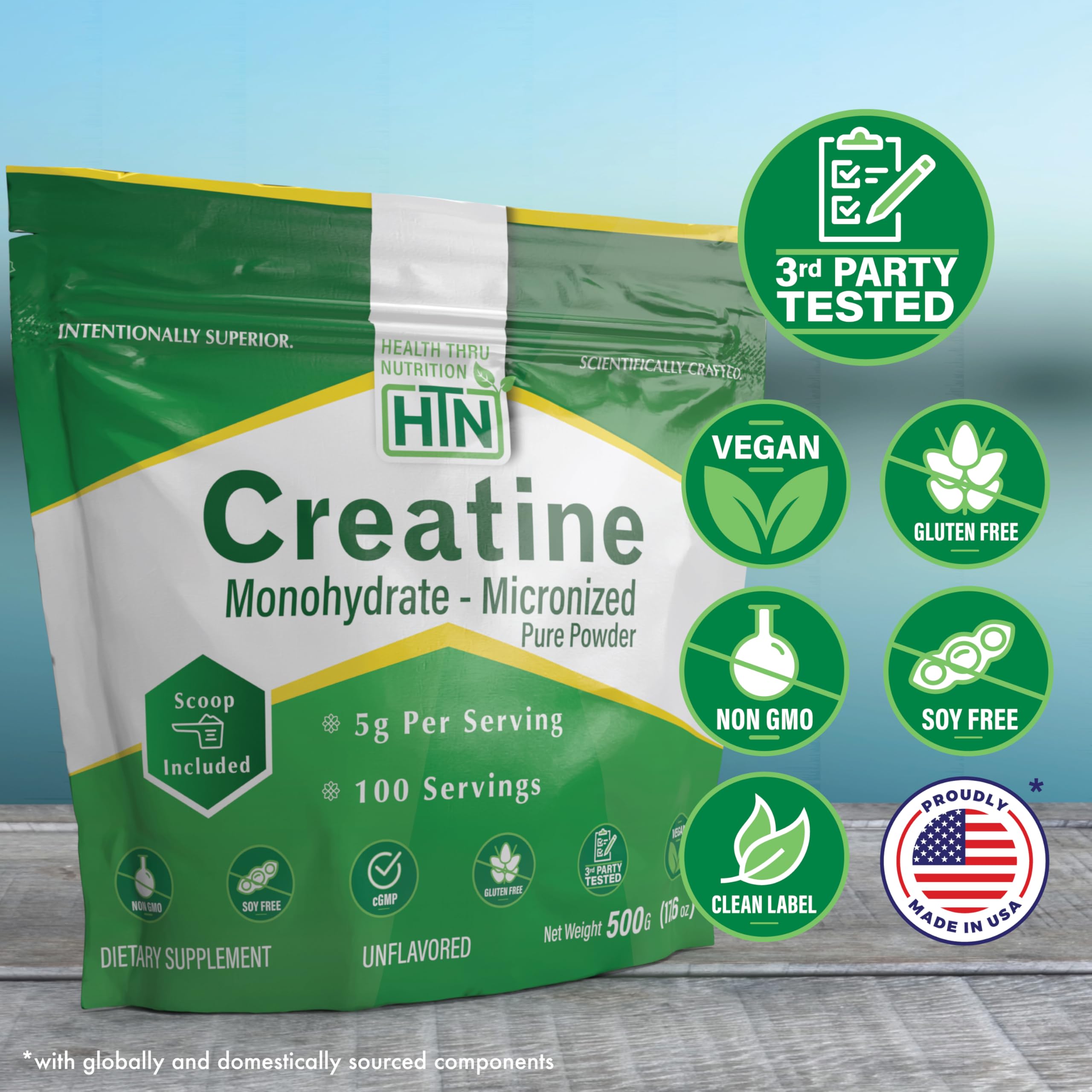Health Thru Nutrition créatine micronisée – dose mesurée facilitant l’utilisation quotidienne.