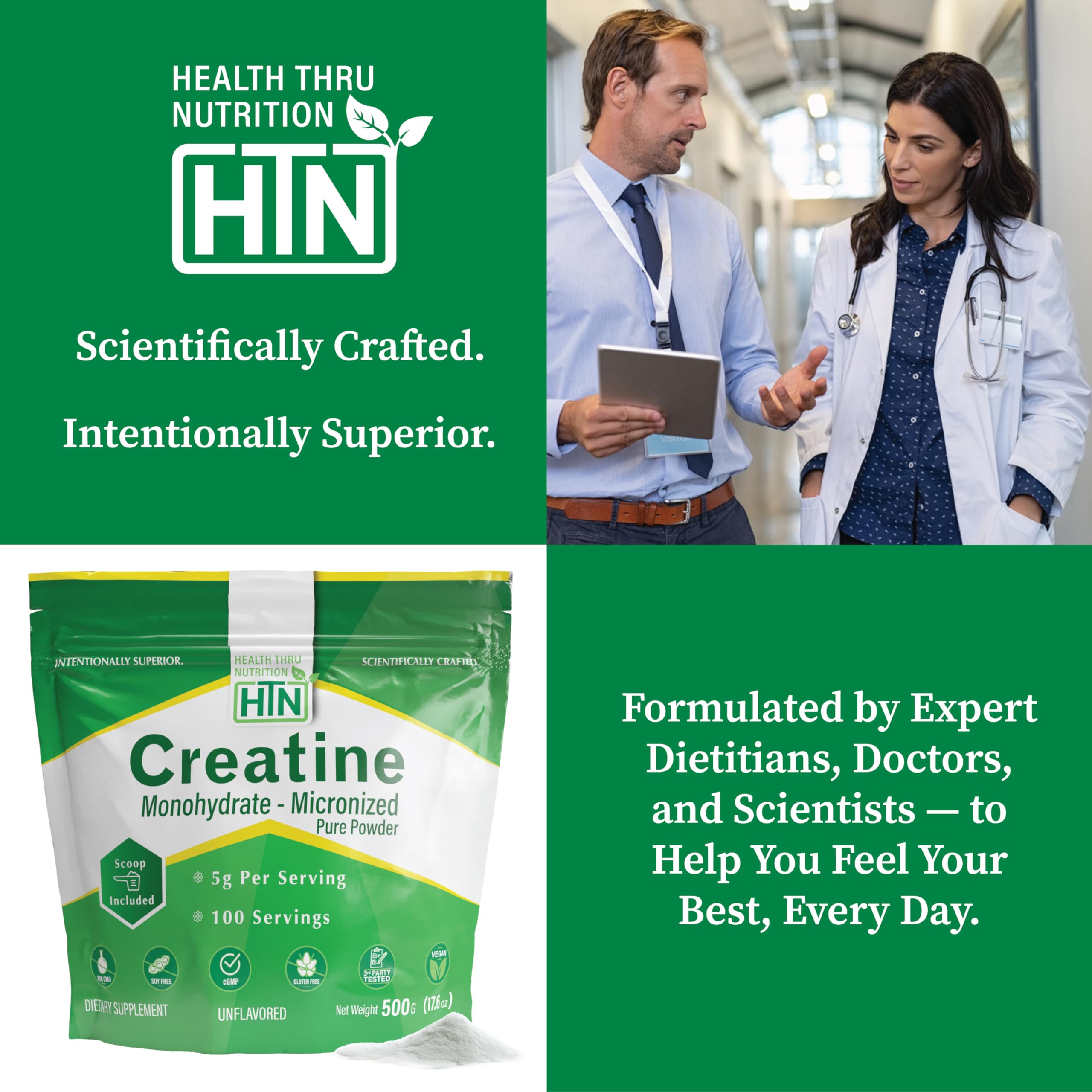Health Thru Nutrition créatine micronisée convient au régime vegan et non-OGM.