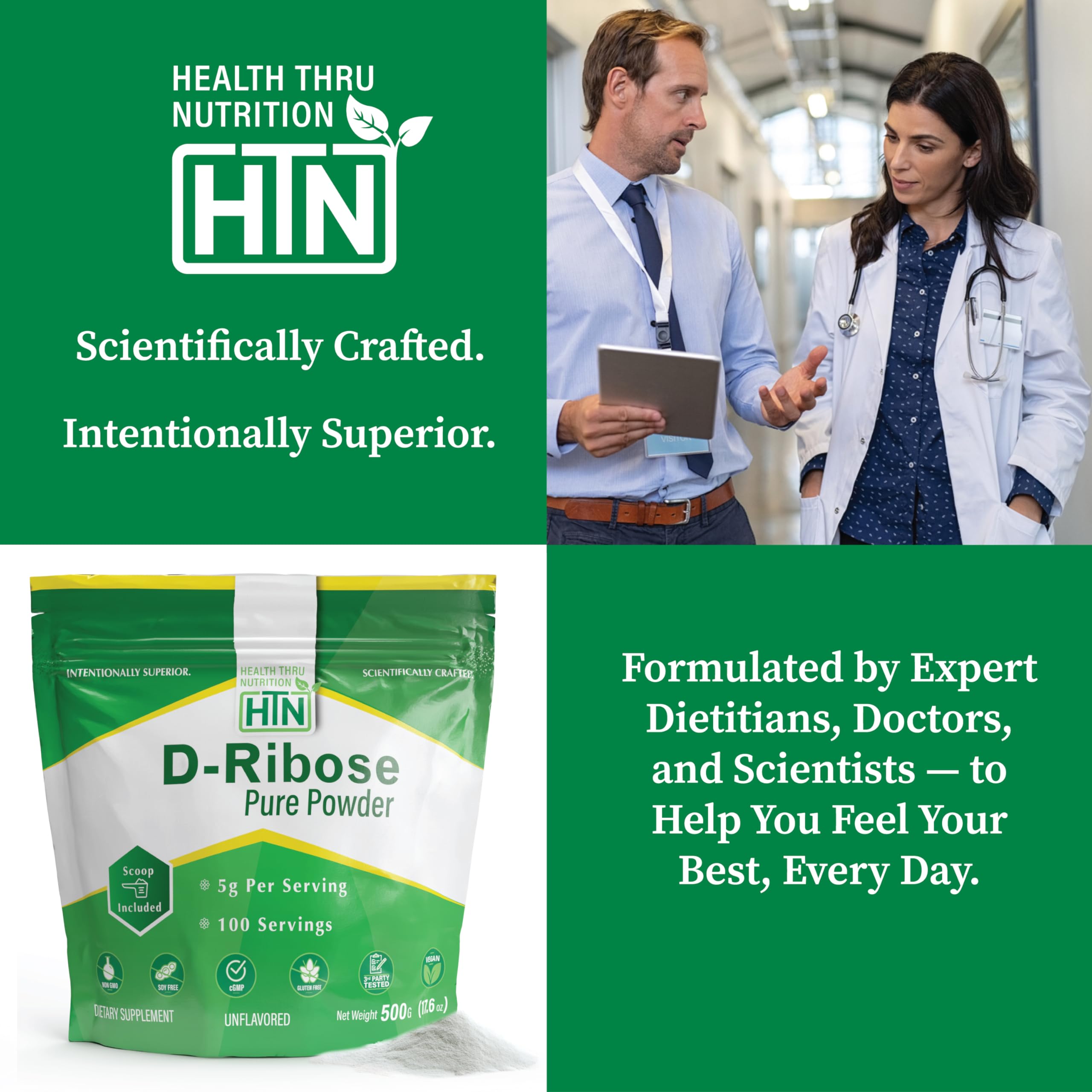 Health Thru Nutrition D-Ribose Poudre emballage pratique et etiquetage clair